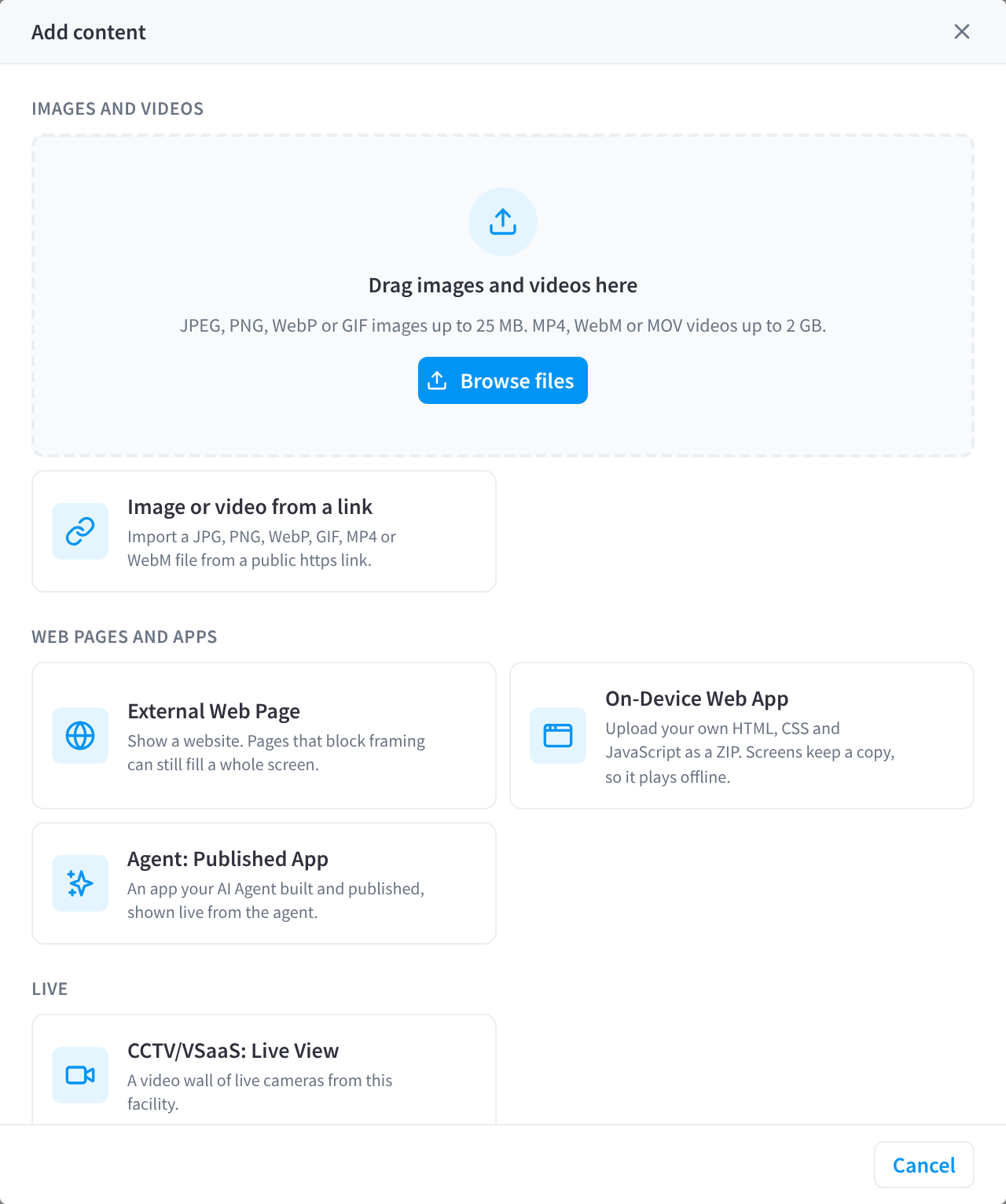 The Add content dialog