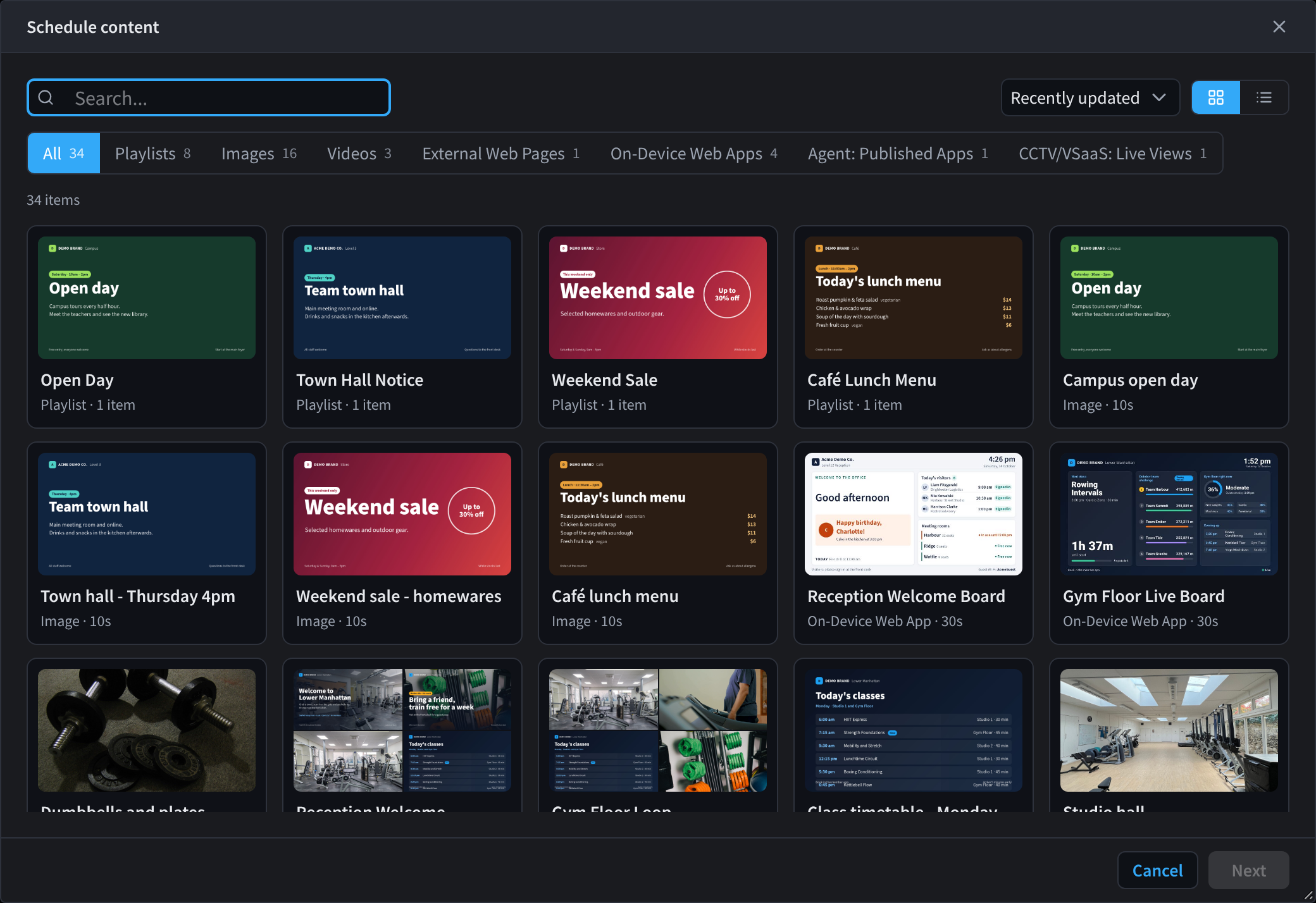 Choosing content to schedule, with playlists and media from several industries
