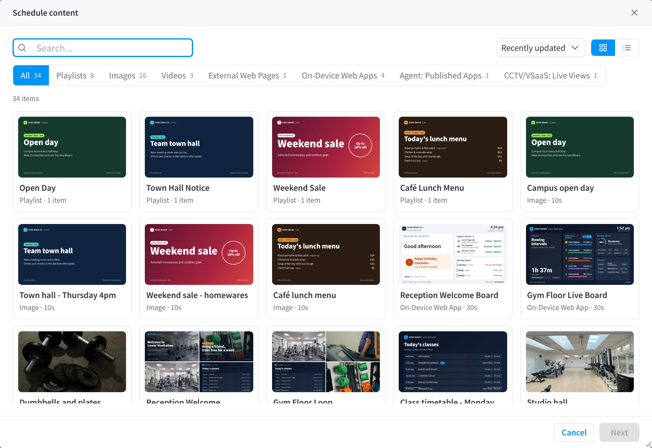 Choosing content to schedule, with playlists and media from several industries