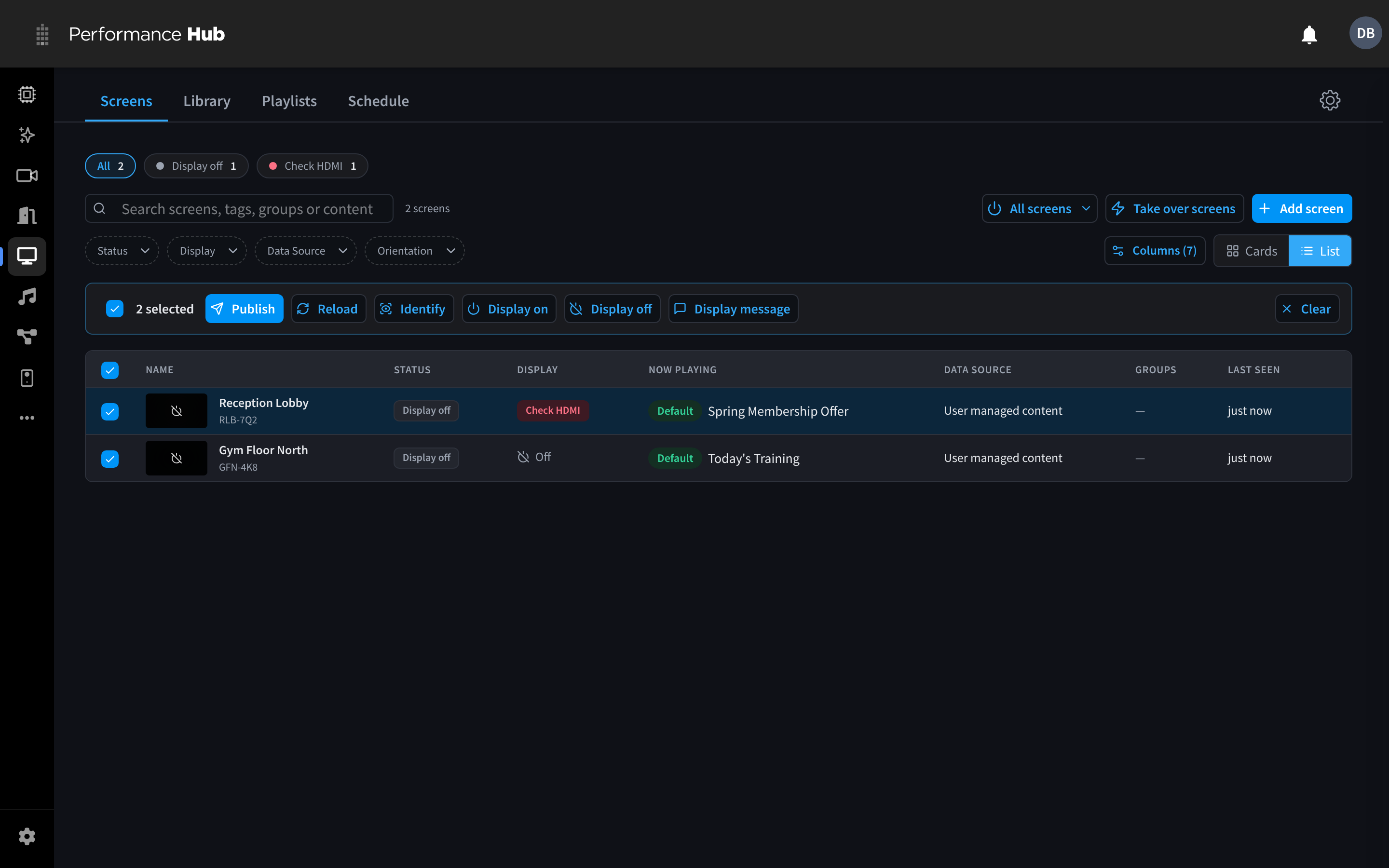 Two screens selected in list view
