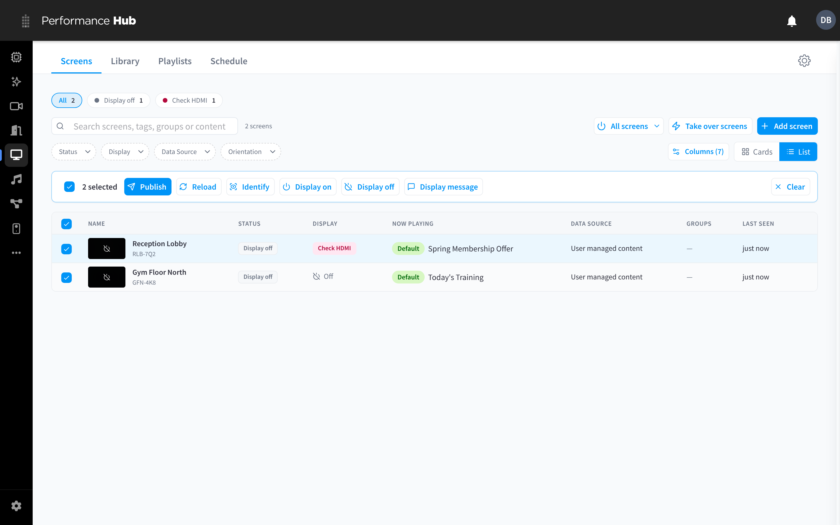 Two screens selected in list view