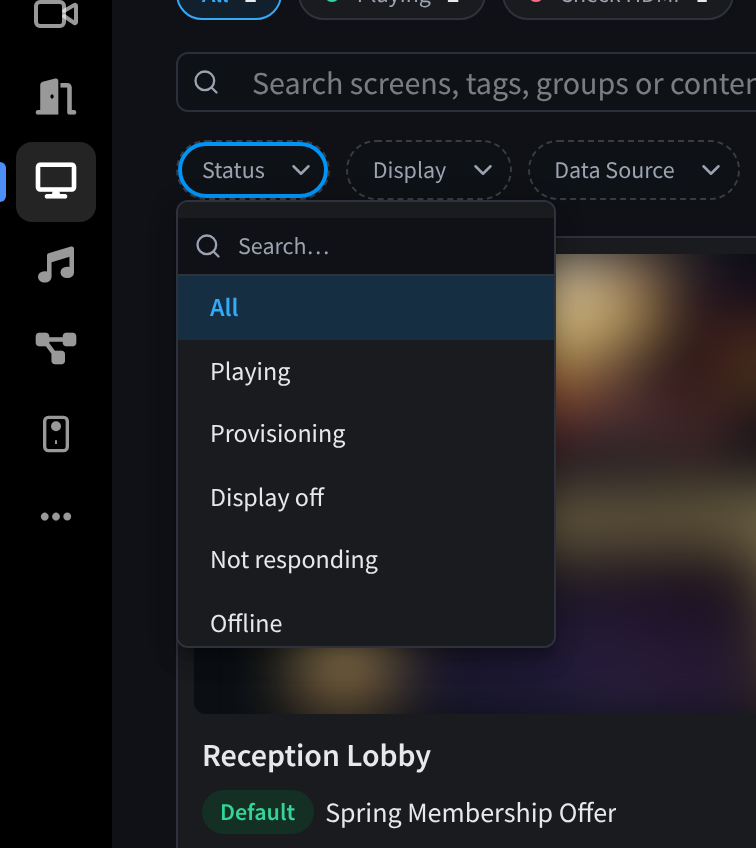 The Status filter menu open