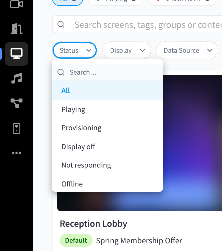 The Status filter menu open