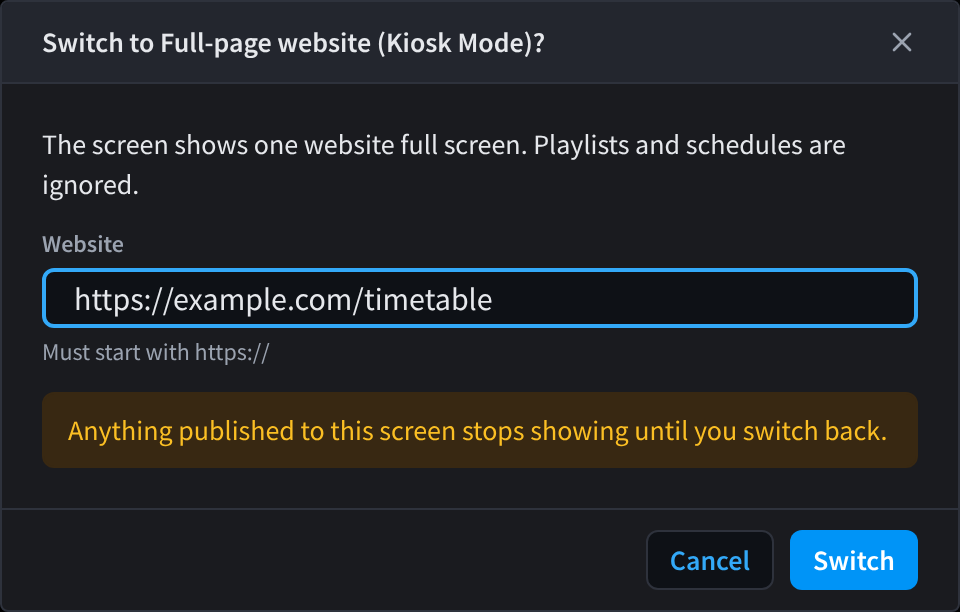 Switching a screen to Full-page website (Kiosk Mode)