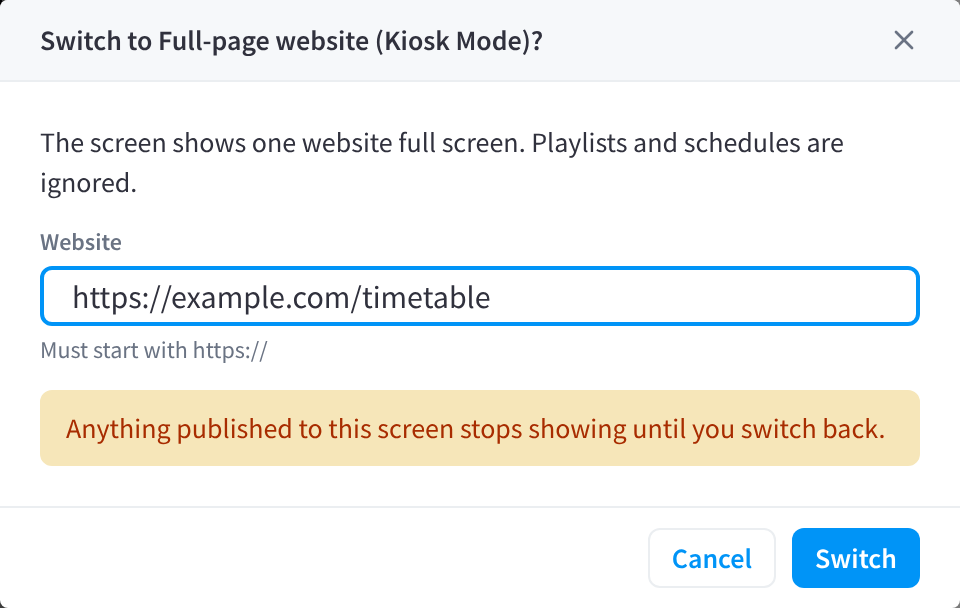 Switching a screen to Full-page website (Kiosk Mode)