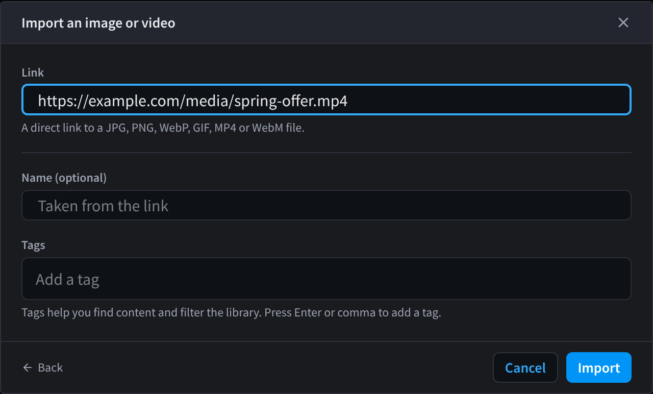 The Import an image or video dialog