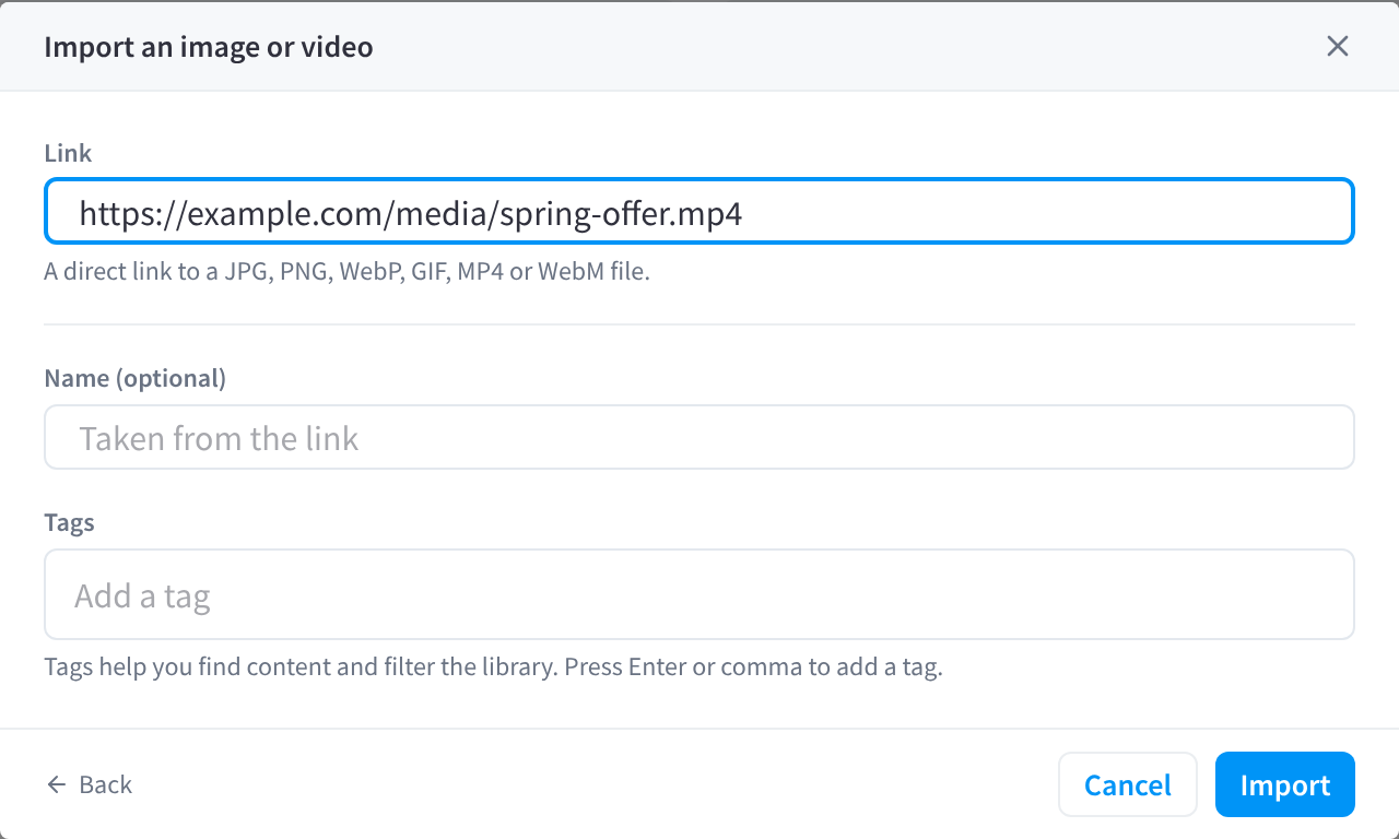 The Import an image or video dialog