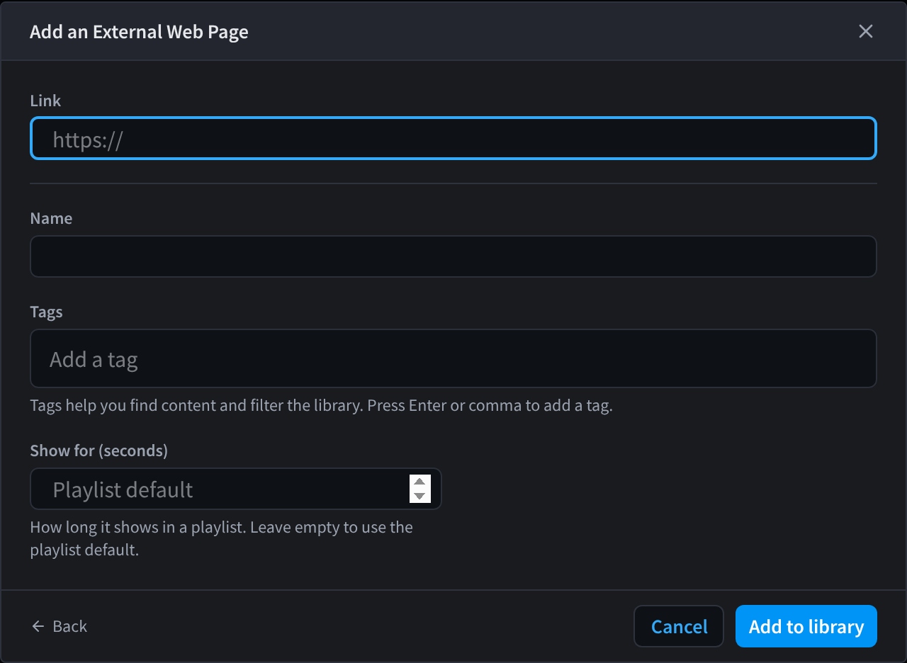 The Add an External Web Page dialog
