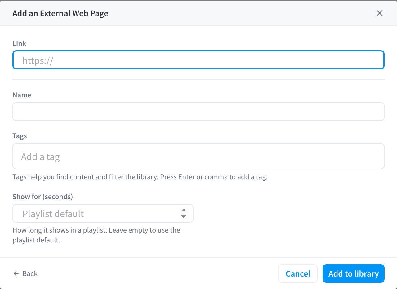 The Add an External Web Page dialog