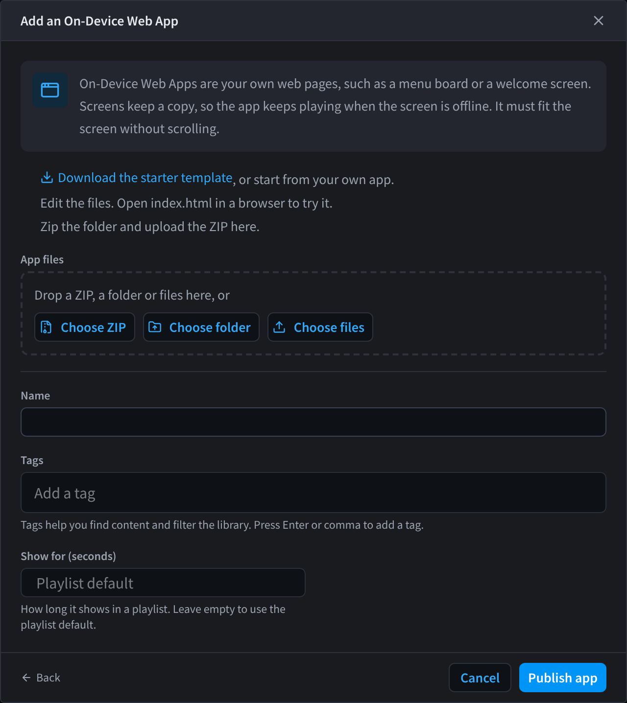 The Add an On-Device Web App dialog