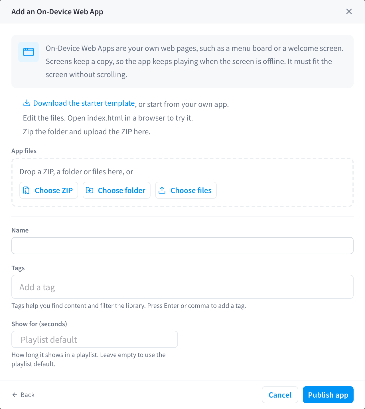 The Add an On-Device Web App dialog
