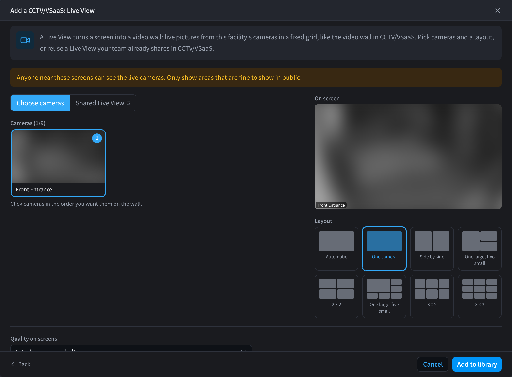 Choosing cameras and a layout for a live view