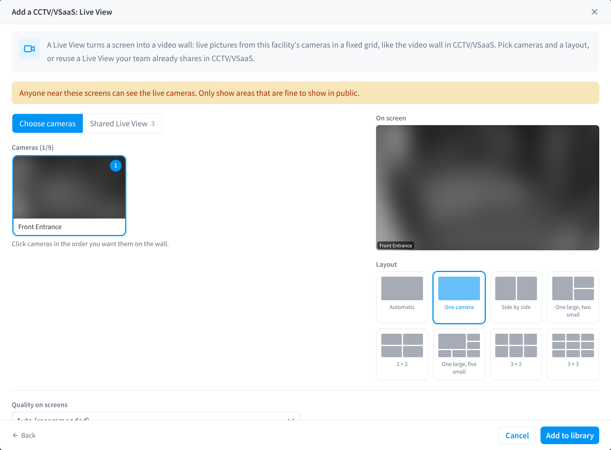 Choosing cameras and a layout for a live view