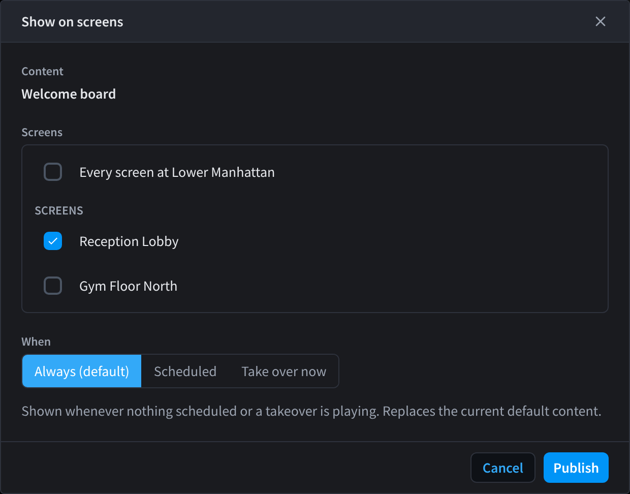 The Show on screens dialog