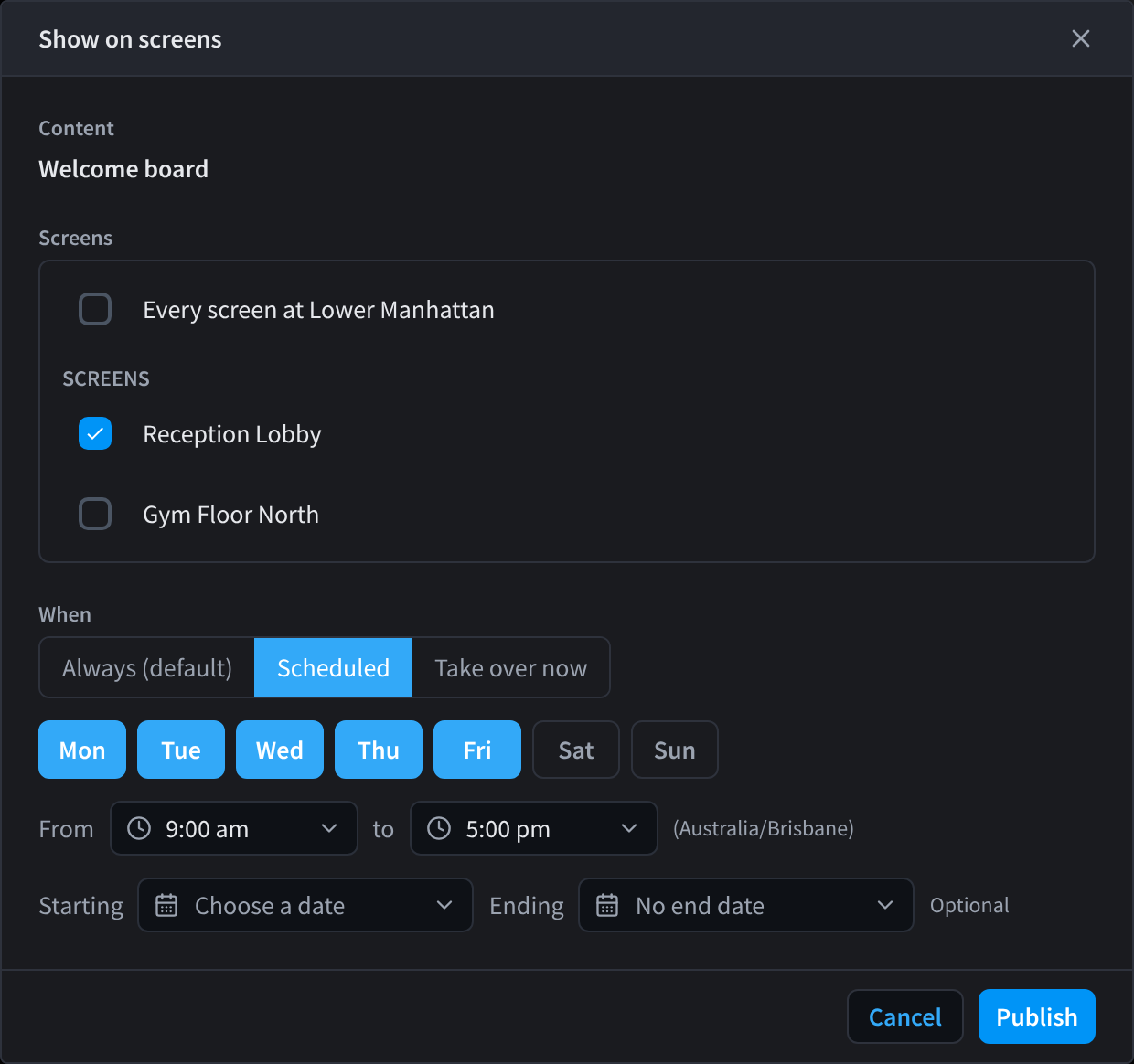 Scheduled publishing options