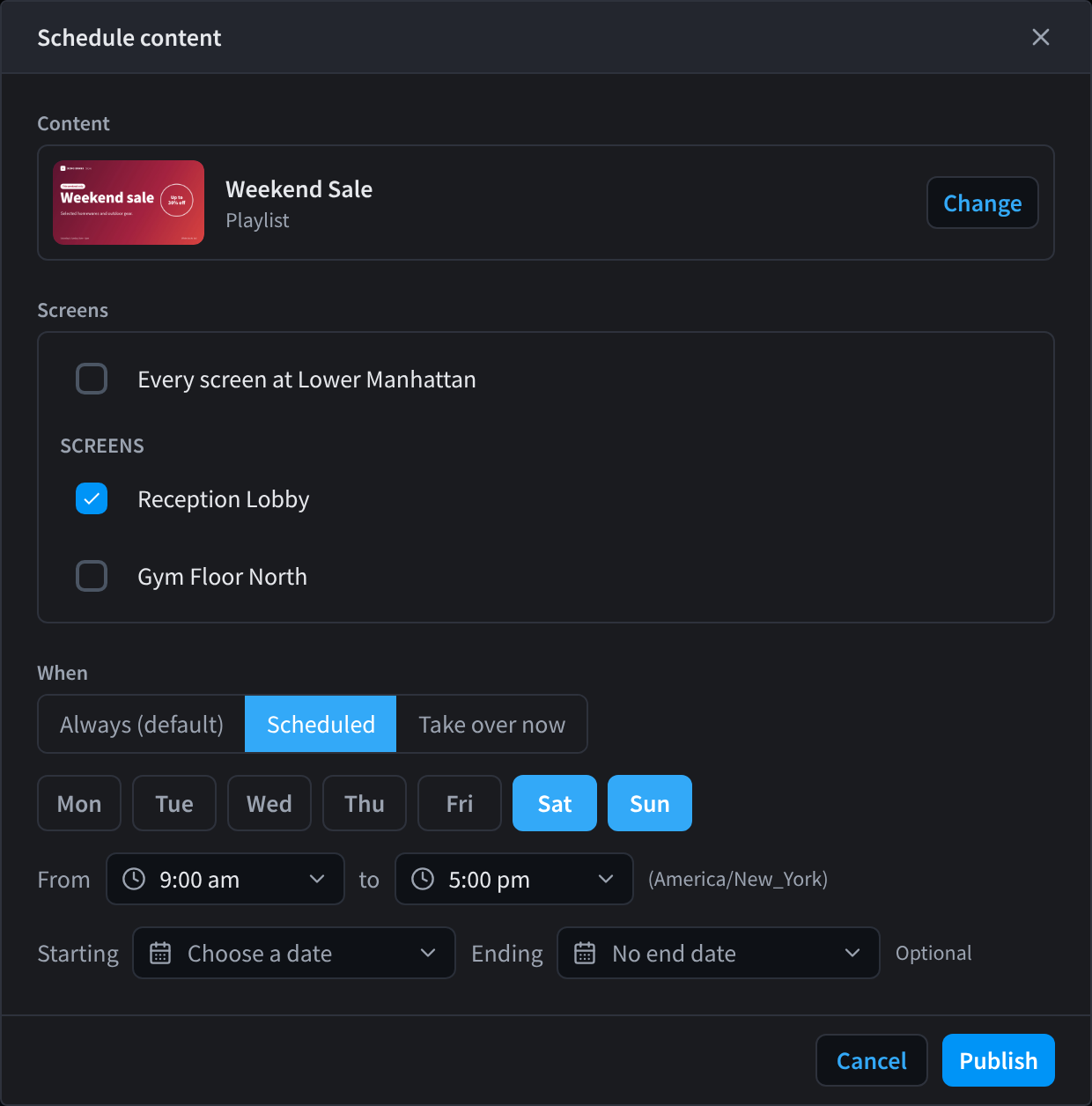 The Schedule content form with the Weekend Sale playlist, the Reception Lobby screen, Scheduled, and Saturday and Sunday from 9 am to 5 pm