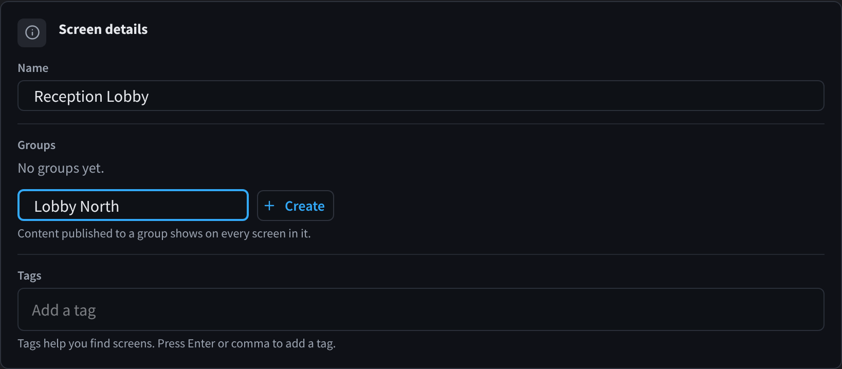 The Screen details section of the Settings tab for a screen named Reception Lobby, with a new group name, Lobby North, typed ready to create