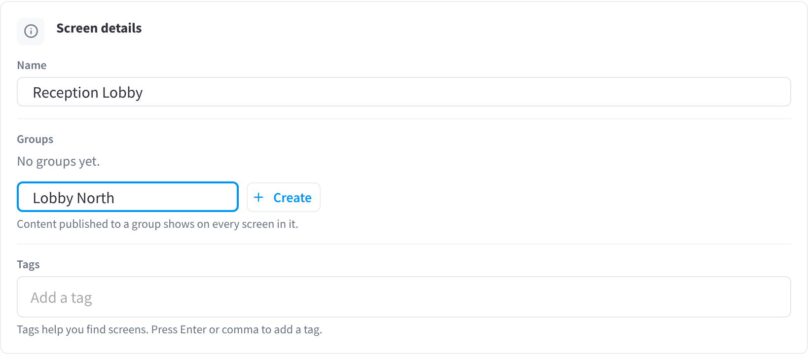 The Screen details section of the Settings tab for a screen named Reception Lobby, with a new group name, Lobby North, typed ready to create