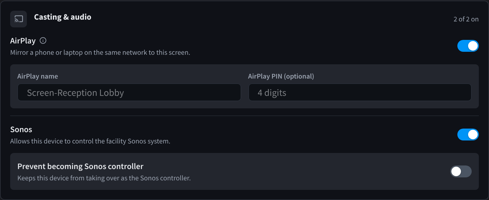 The Casting & audio section of the Settings tab for the Reception Lobby screen, with AirPlay and Sonos turned on