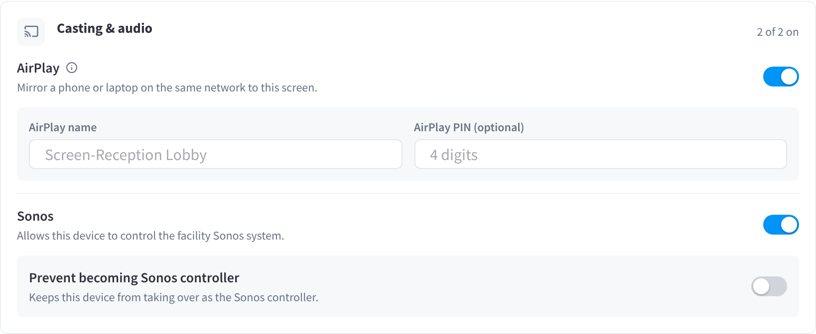 The Casting & audio section of the Settings tab for the Reception Lobby screen, with AirPlay and Sonos turned on