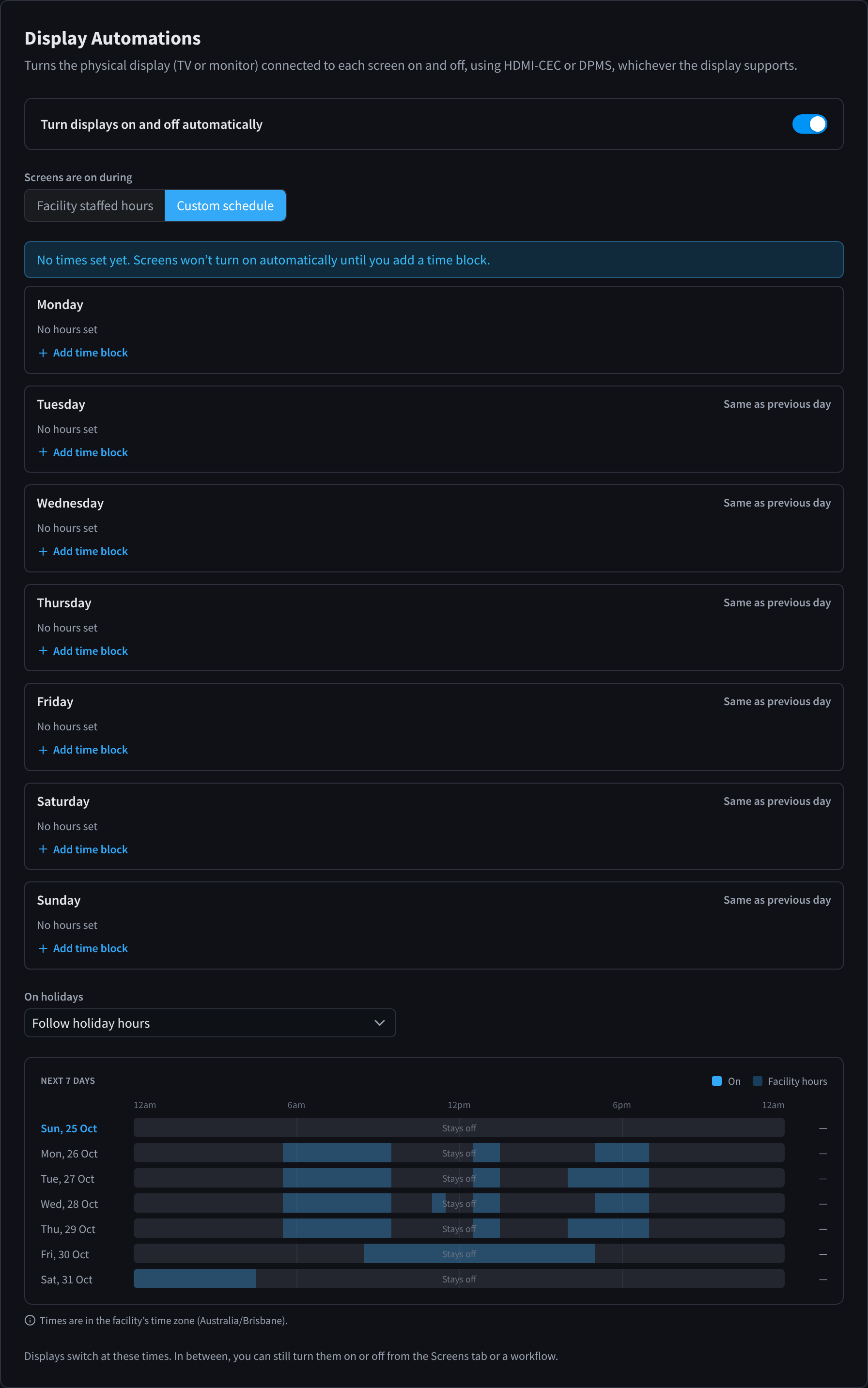 A custom display schedule with the On holidays options