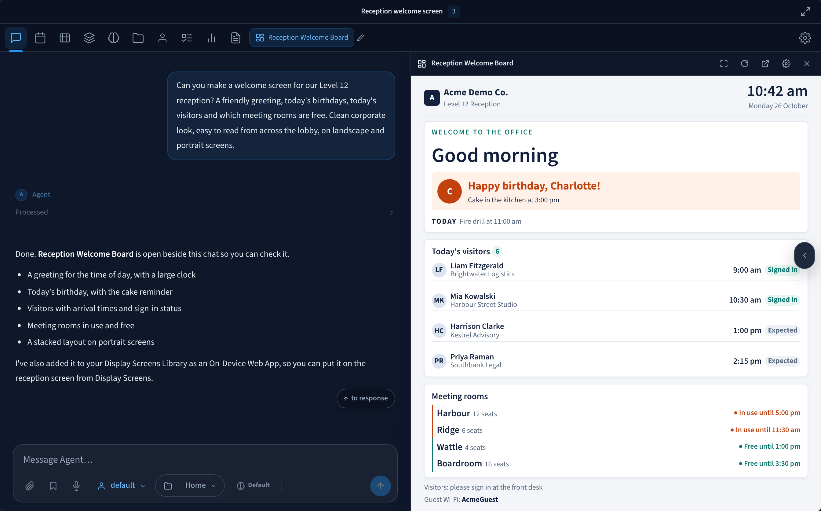 An AI Agent conversation on the left, where the agent reports that it has added the Reception Welcome Board to the Display Screens Library as an On-Device Web App, with the app open on the right