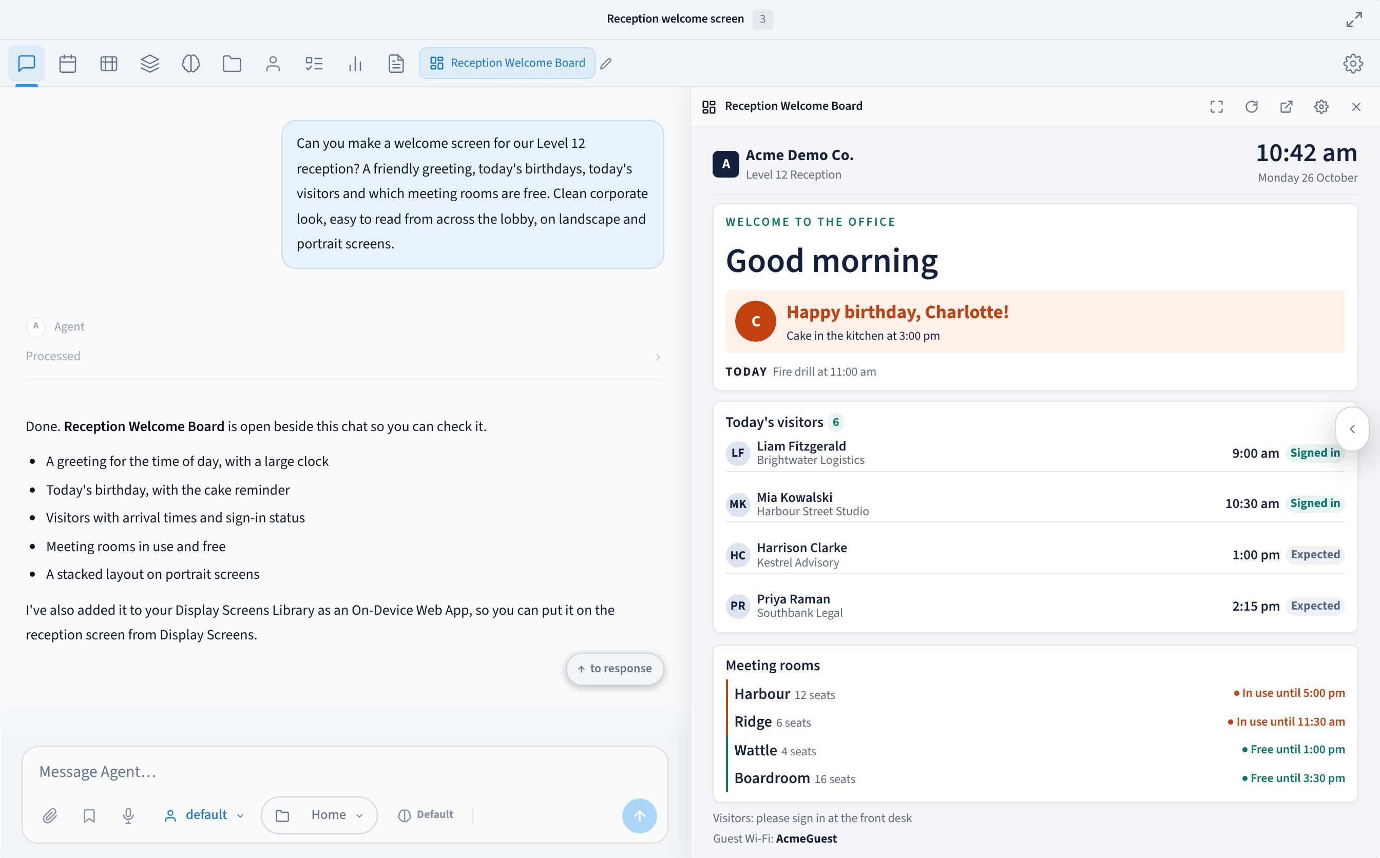 An AI Agent conversation on the left, where the agent reports that it has added the Reception Welcome Board to the Display Screens Library as an On-Device Web App, with the app open on the right