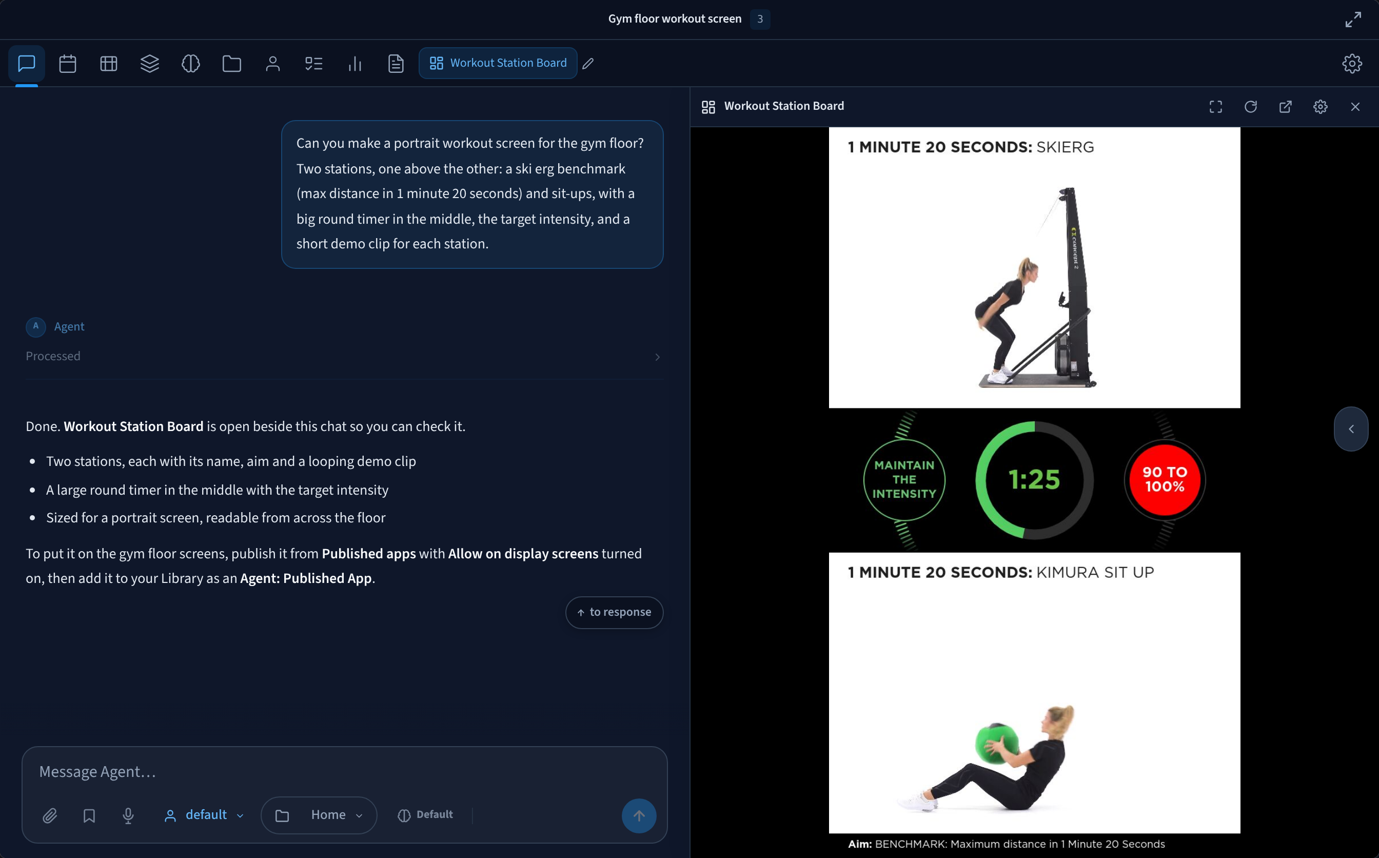An AI Agent conversation asking for a portrait workout screen with two stations and a round timer, with the Workout Station Board open beside it