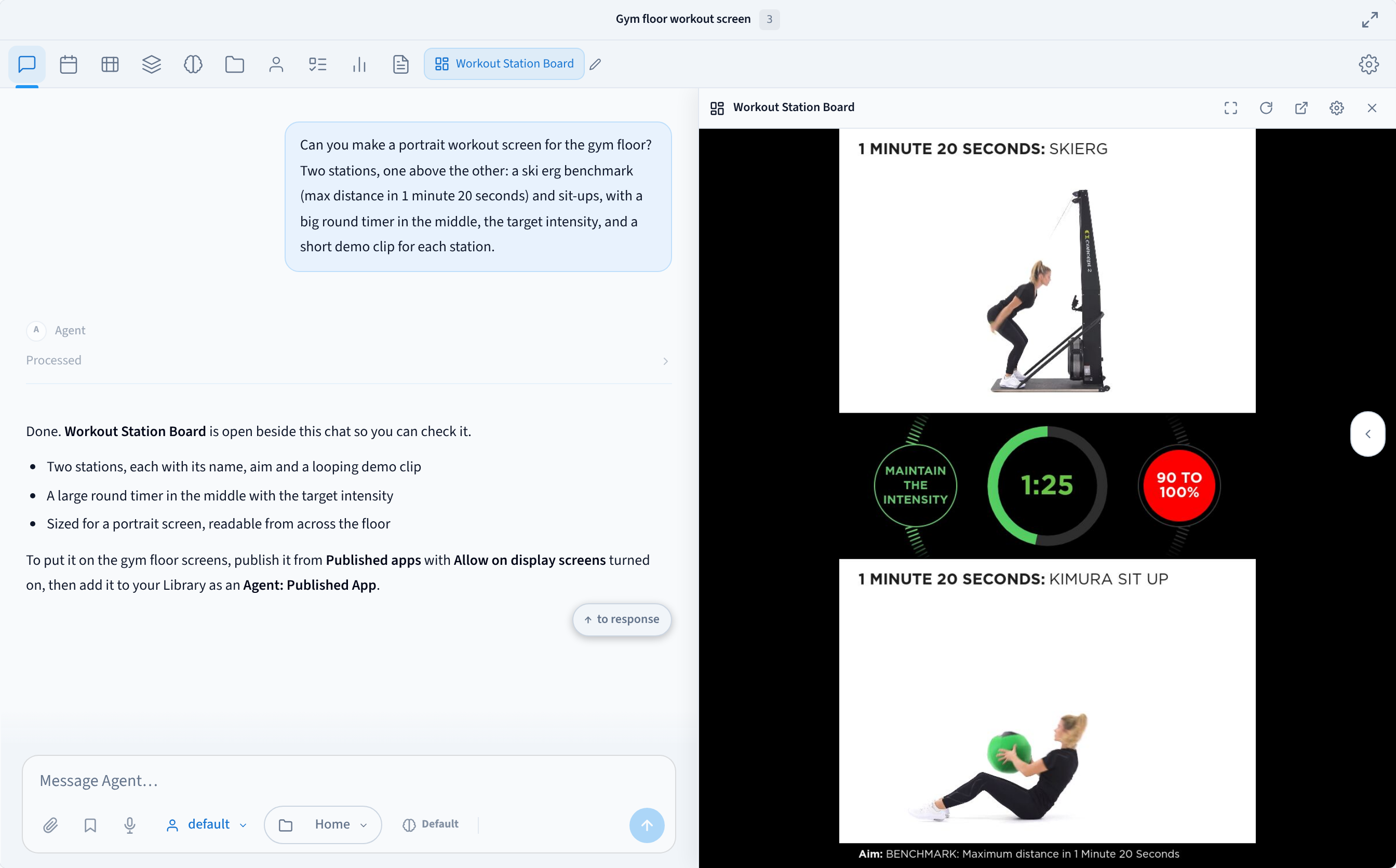 An AI Agent conversation asking for a portrait workout screen with two stations and a round timer, with the Workout Station Board open beside it