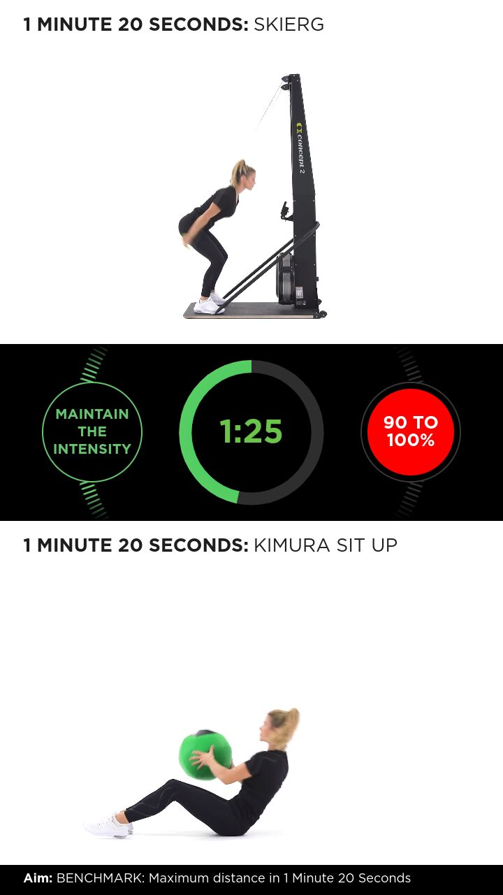 A portrait workout screen with two exercise stations, demo videos and a large round timer