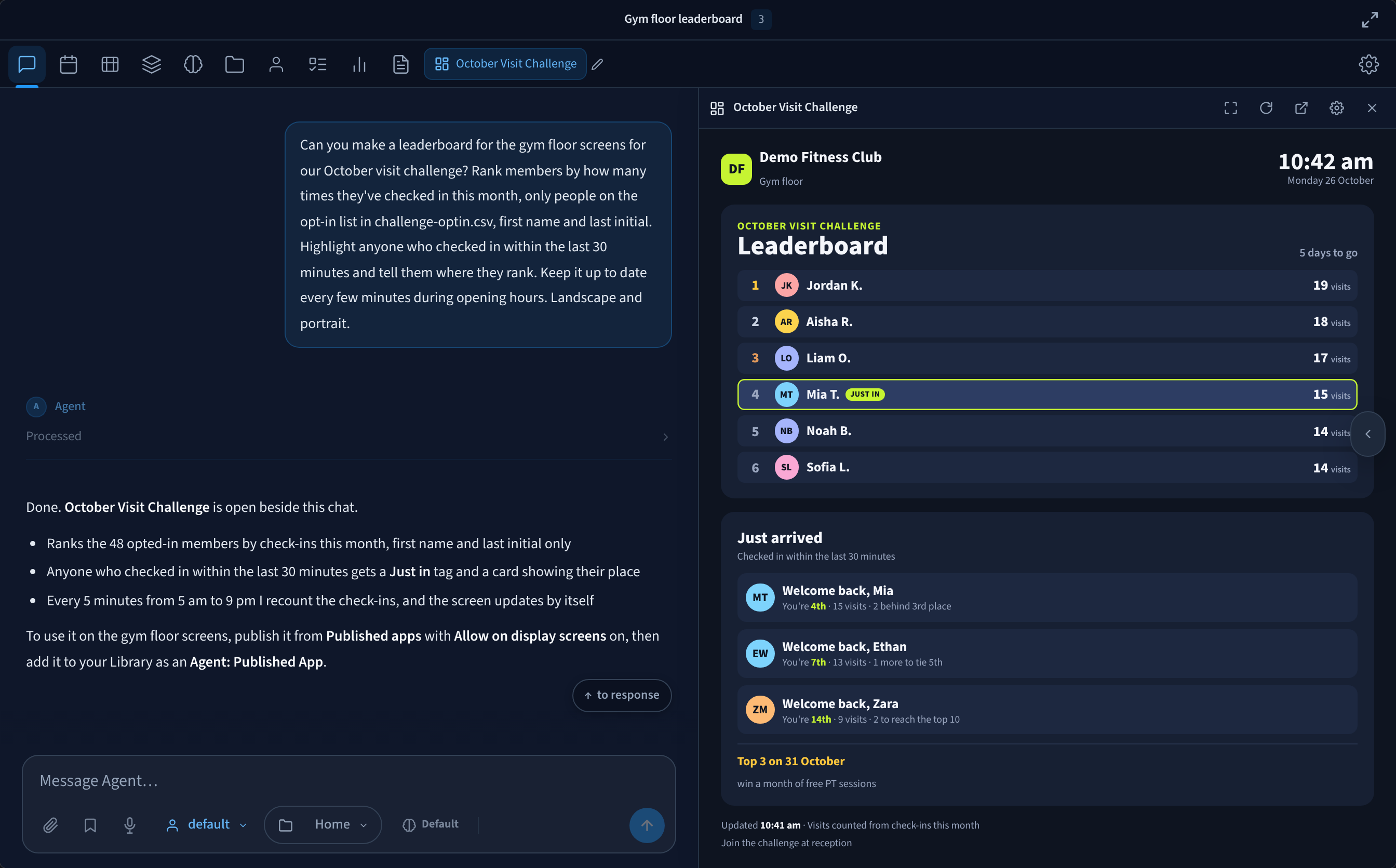 An AI Agent conversation asking for a visit challenge leaderboard from check-ins, with members who just checked in highlighted, and the October Visit Challenge app open beside it