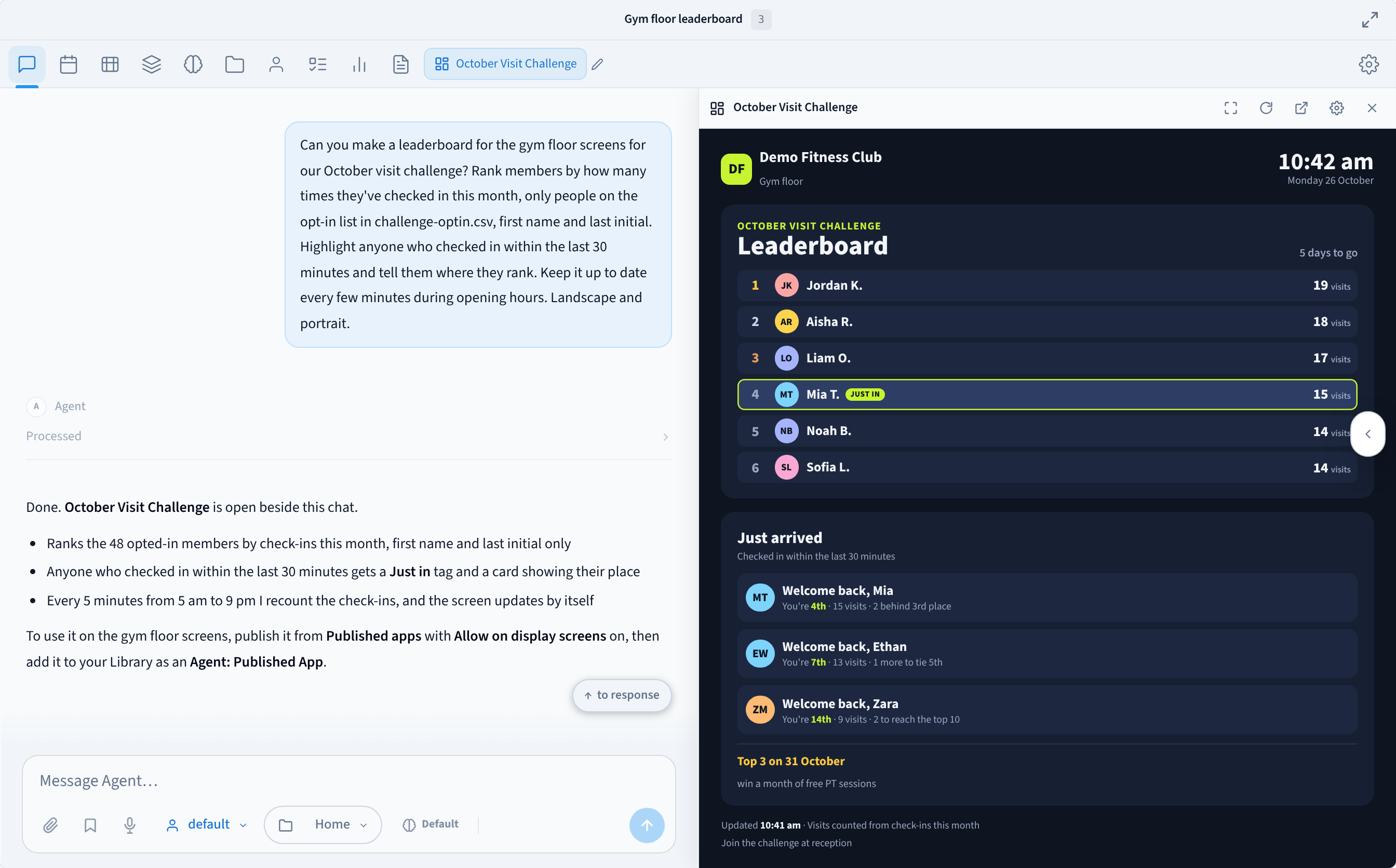 An AI Agent conversation asking for a visit challenge leaderboard from check-ins, with members who just checked in highlighted, and the October Visit Challenge app open beside it