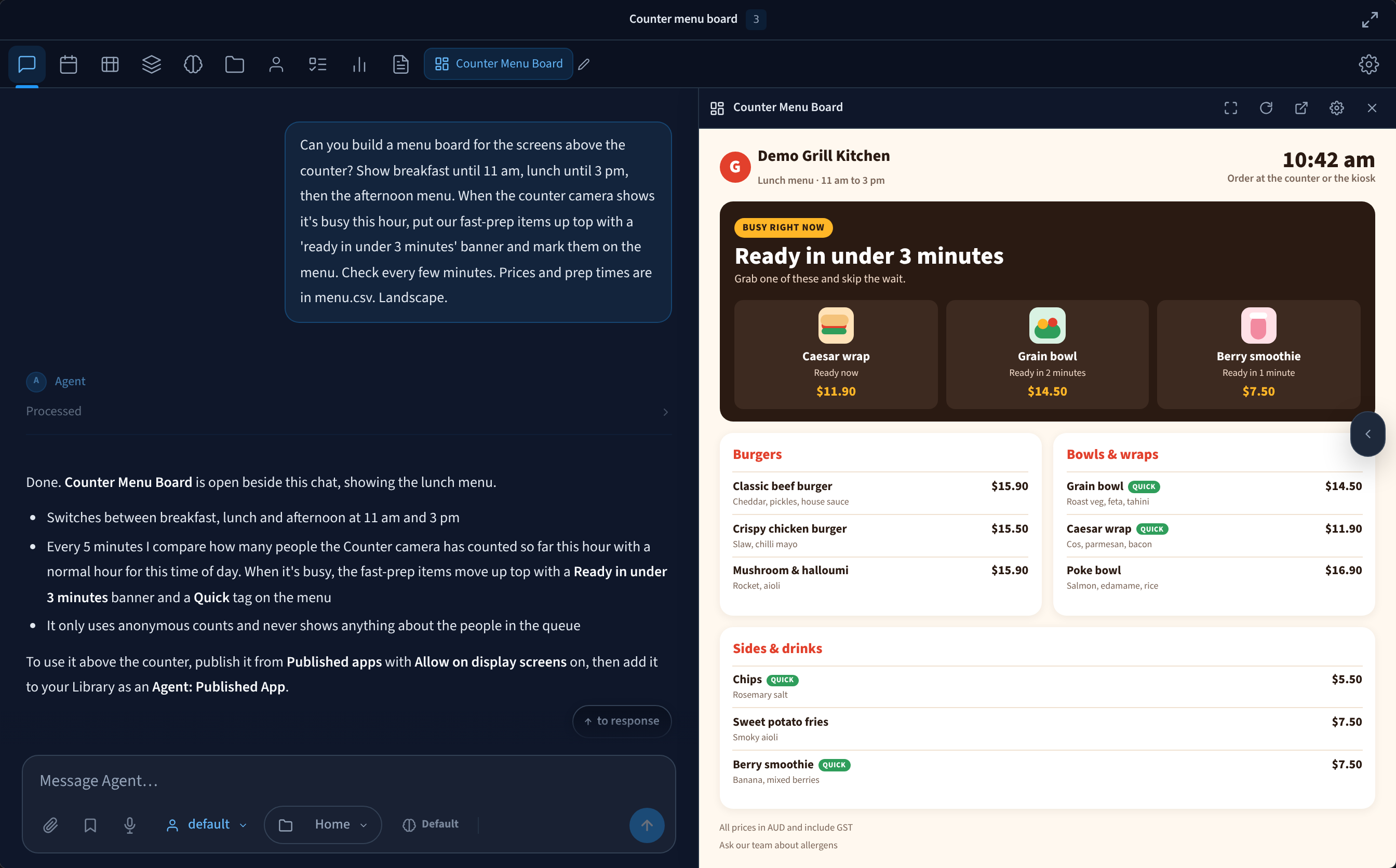 An AI Agent conversation asking for a counter menu board that changes with the time of day and promotes fast-prep items when the counter is busy, with the Counter Menu Board open beside it
