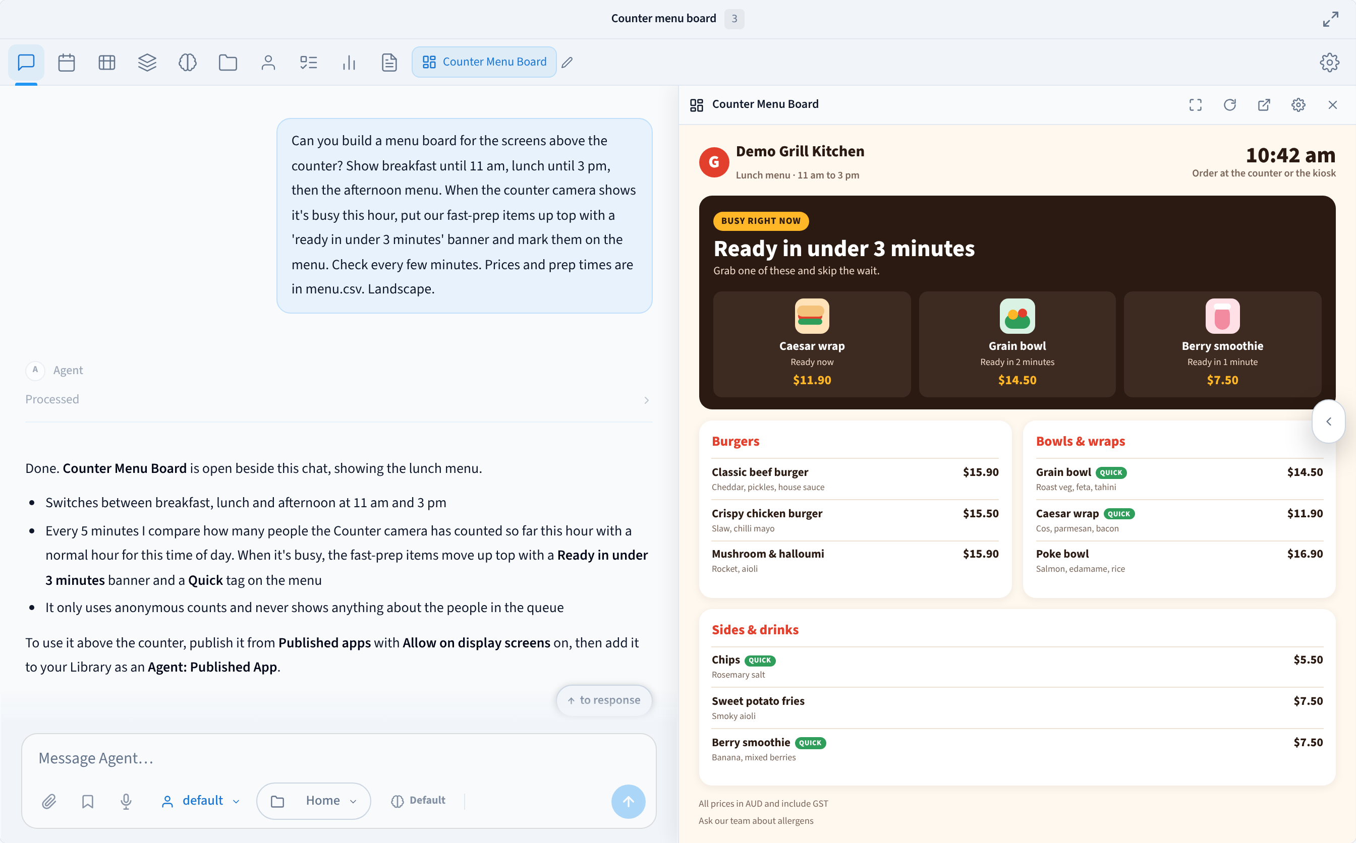An AI Agent conversation asking for a counter menu board that changes with the time of day and promotes fast-prep items when the counter is busy, with the Counter Menu Board open beside it