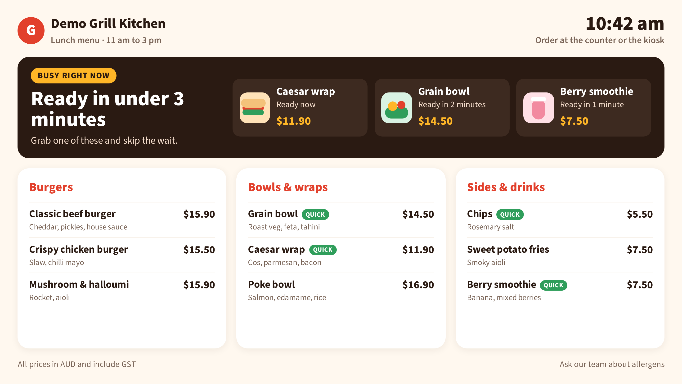 The lunch menu board on a landscape screen, with a Busy right now banner showing three items ready in under 3 minutes above the burger, bowls and sides menus