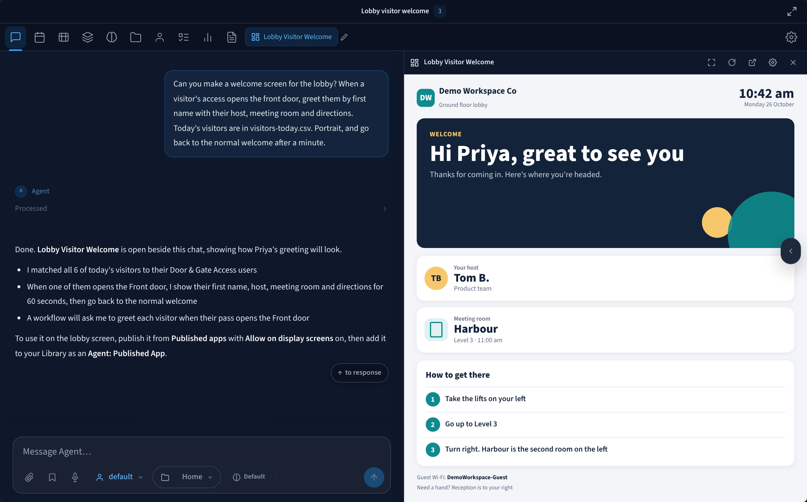 An AI Agent conversation asking for a lobby welcome screen that greets each visitor when their access opens the front door, with the Lobby Visitor Welcome app open beside it