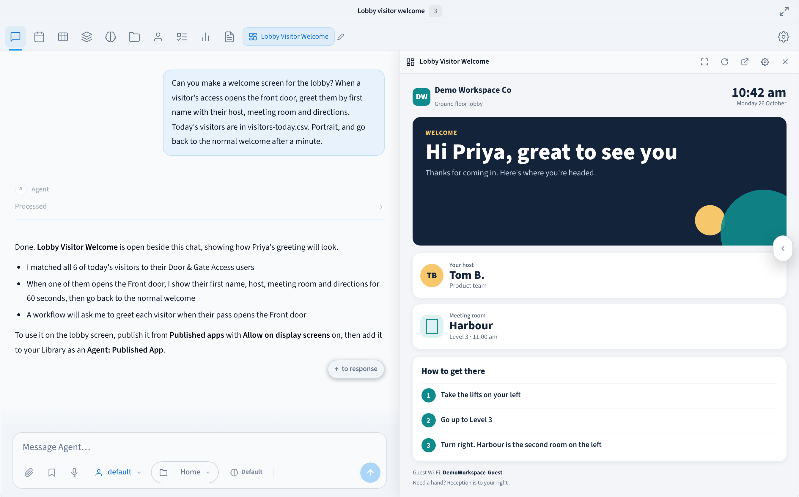 An AI Agent conversation asking for a lobby welcome screen that greets each visitor when their access opens the front door, with the Lobby Visitor Welcome app open beside it