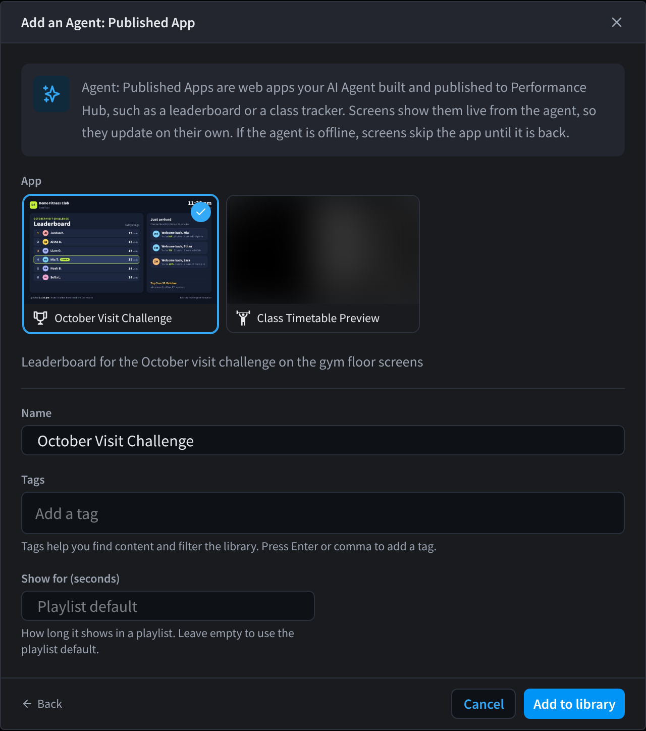 The Add an Agent: Published App dialog with the October Visit Challenge leaderboard selected