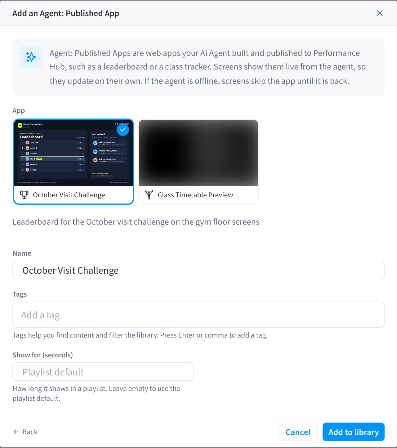 The Add an Agent: Published App dialog with the October Visit Challenge leaderboard selected