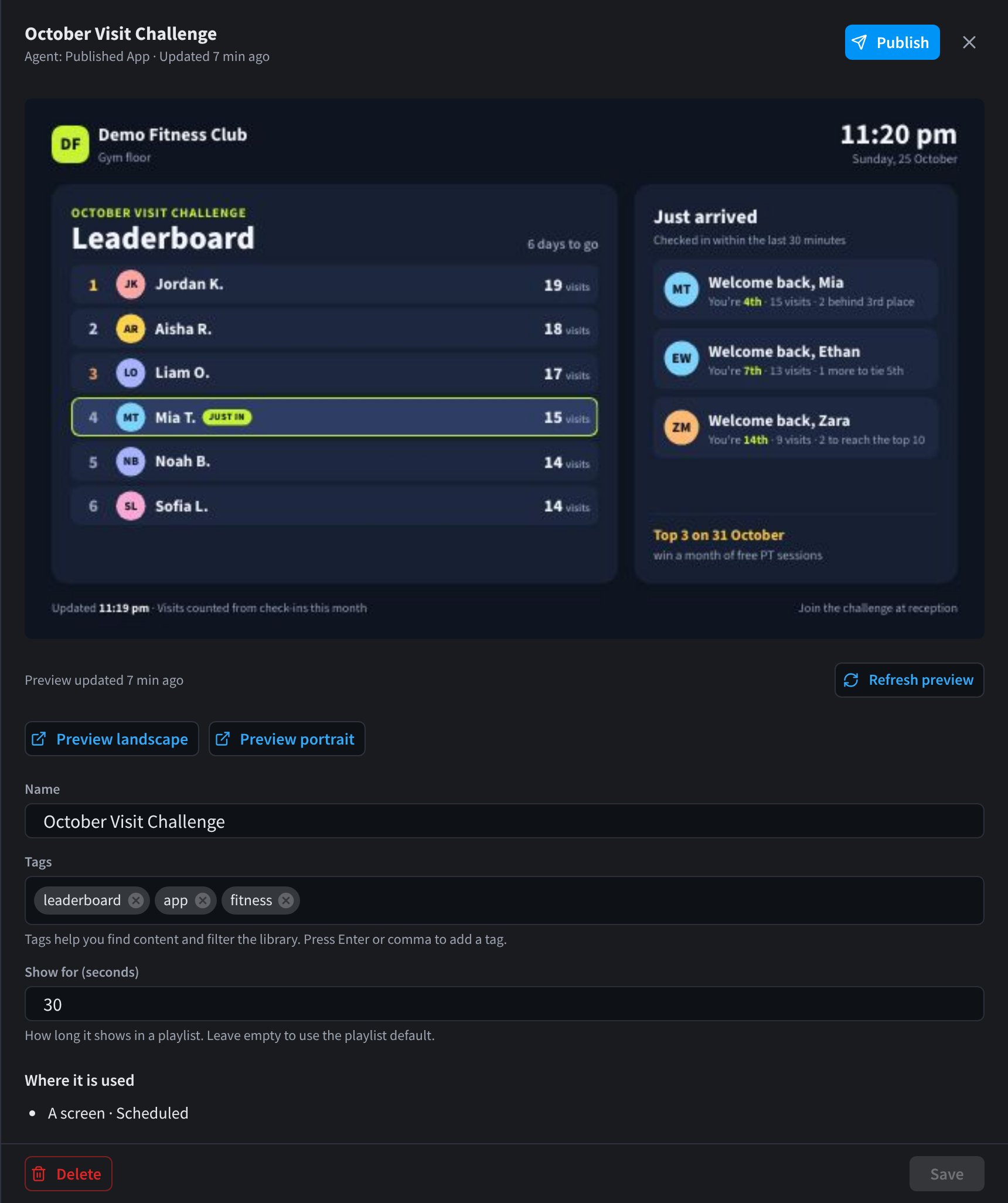 The October Visit Challenge leaderboard in the Library, with its live preview, Preview landscape, Preview portrait, tags, Show for 30 seconds and where it is used