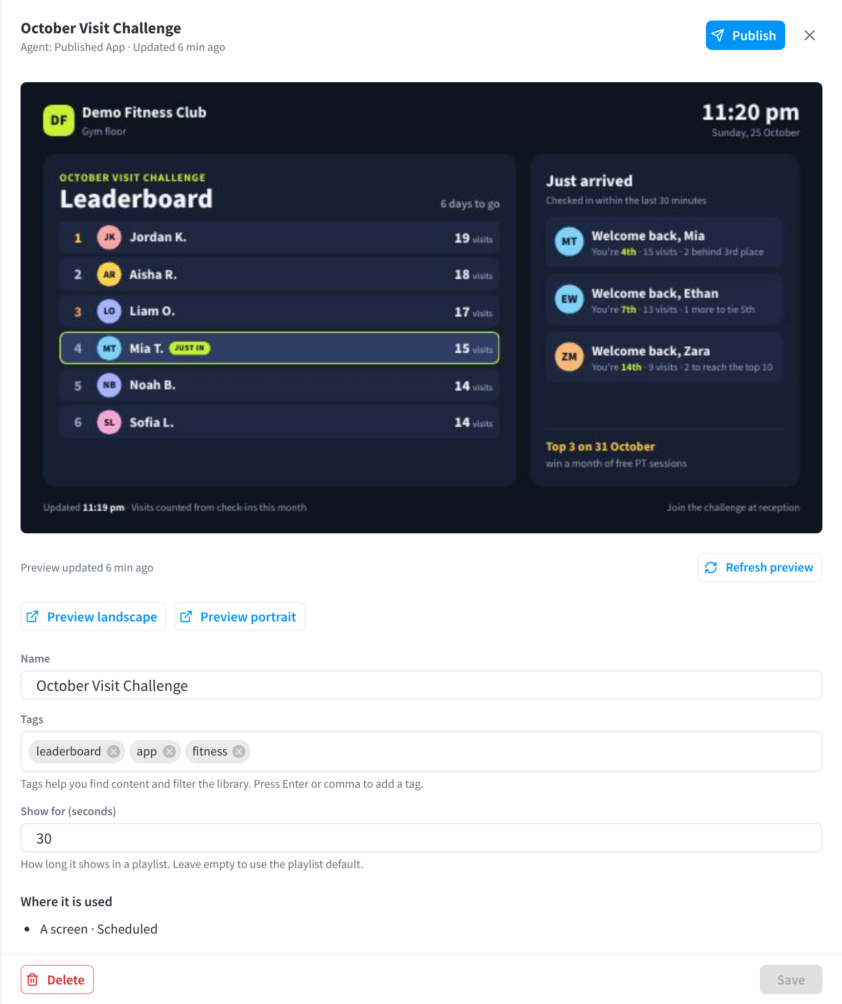 The October Visit Challenge leaderboard in the Library, with its live preview, Preview landscape, Preview portrait, tags, Show for 30 seconds and where it is used