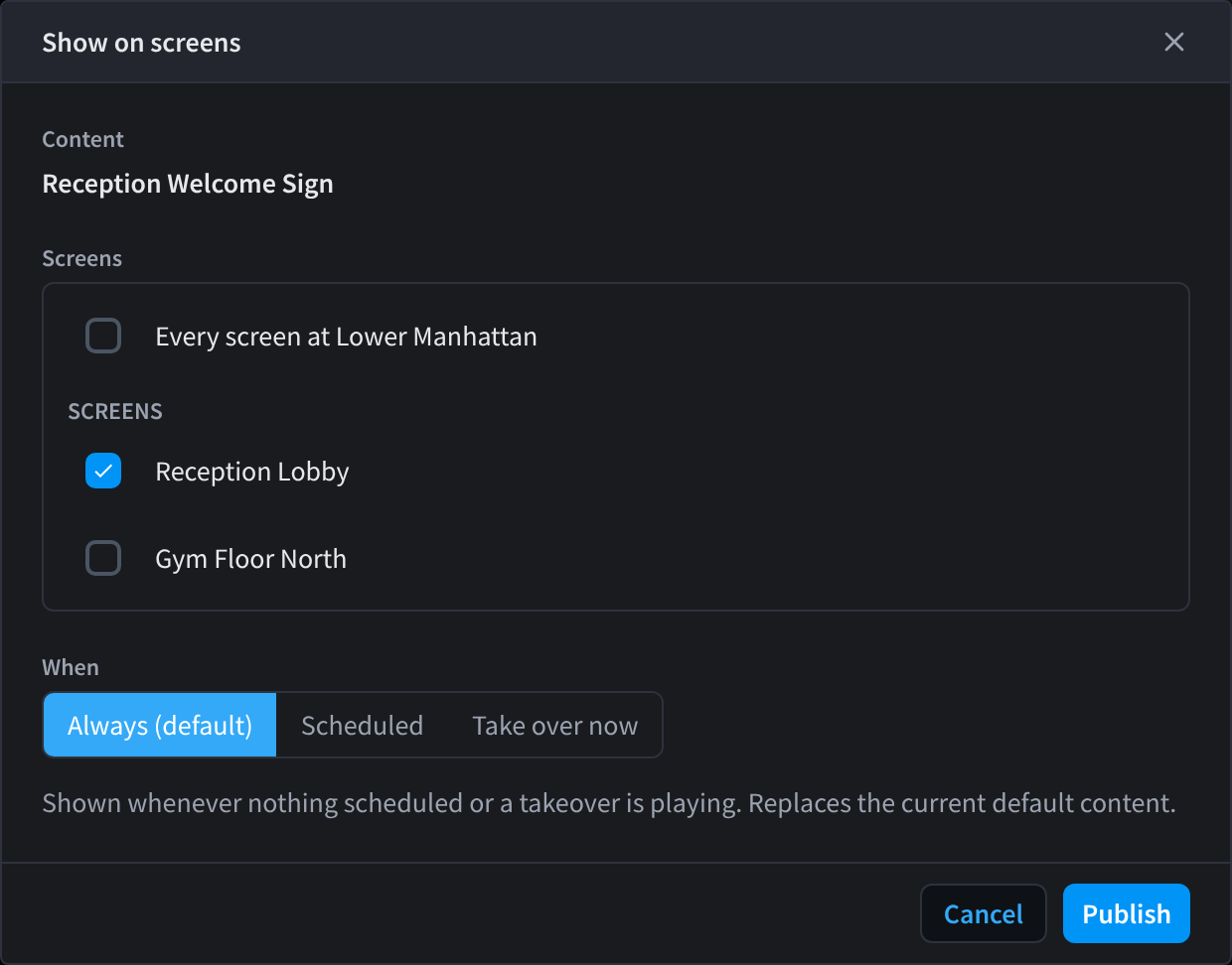 The Show on screens dialog for the Reception Welcome Sign, with the Reception Lobby screen ticked