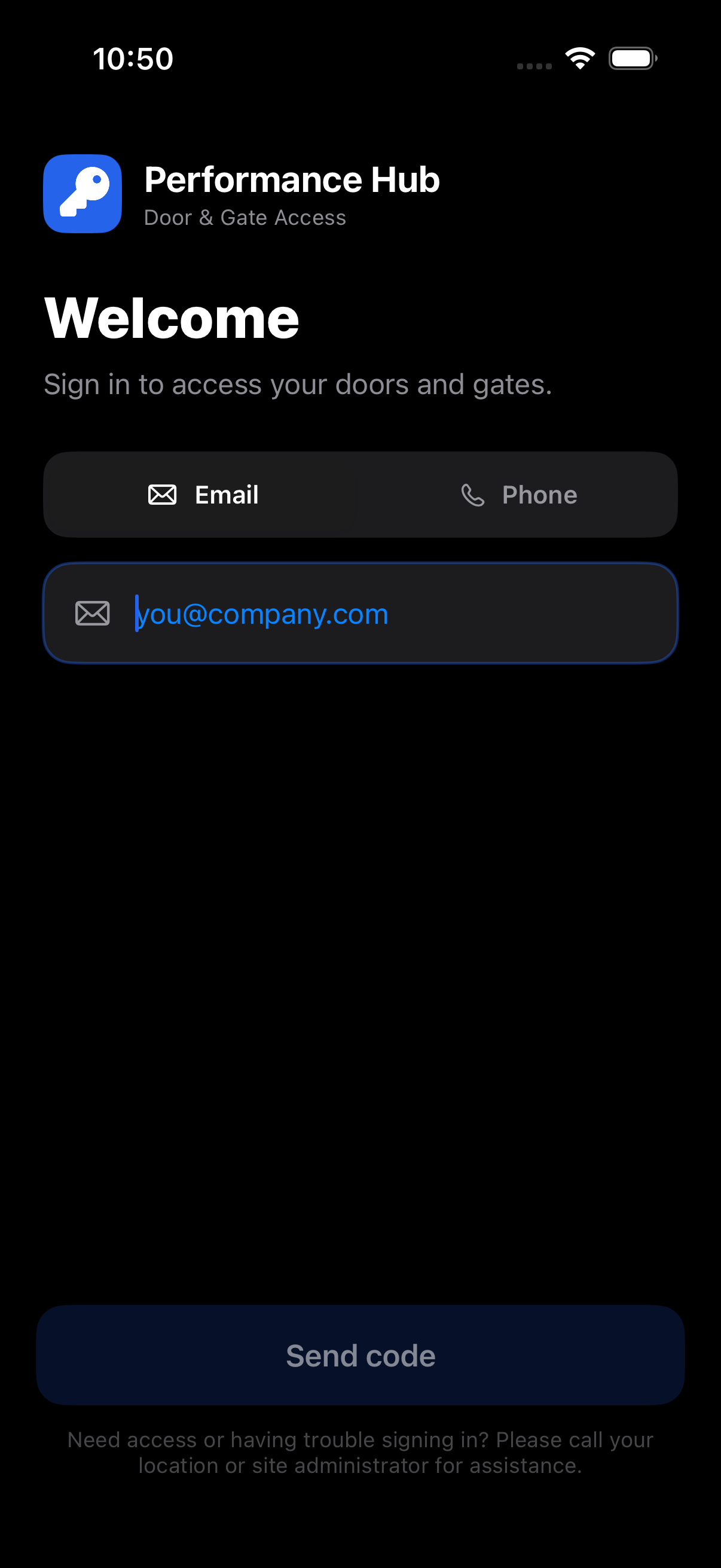 The Welcome screen with Email/Phone toggle and Send code button