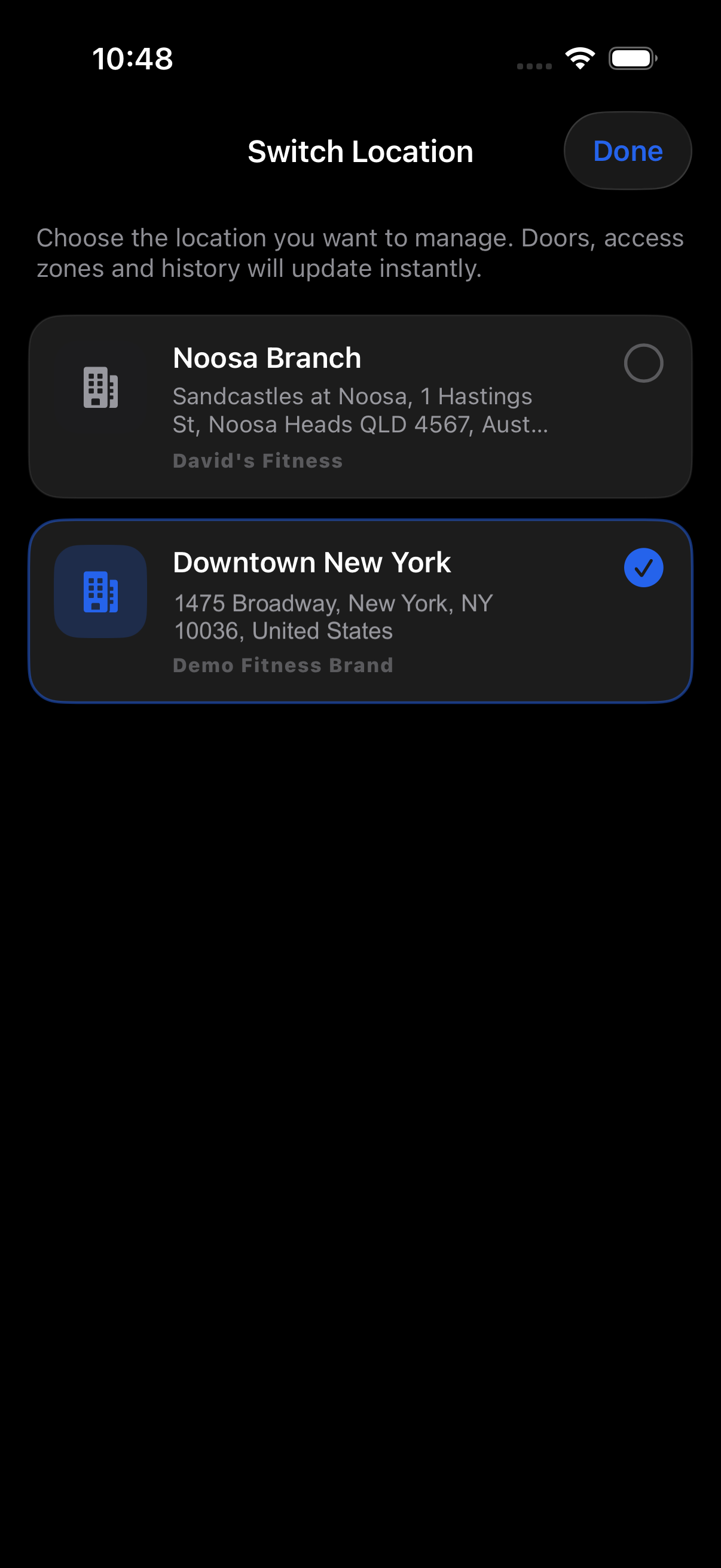 The Switch Location sheet listing the member's linked facilities