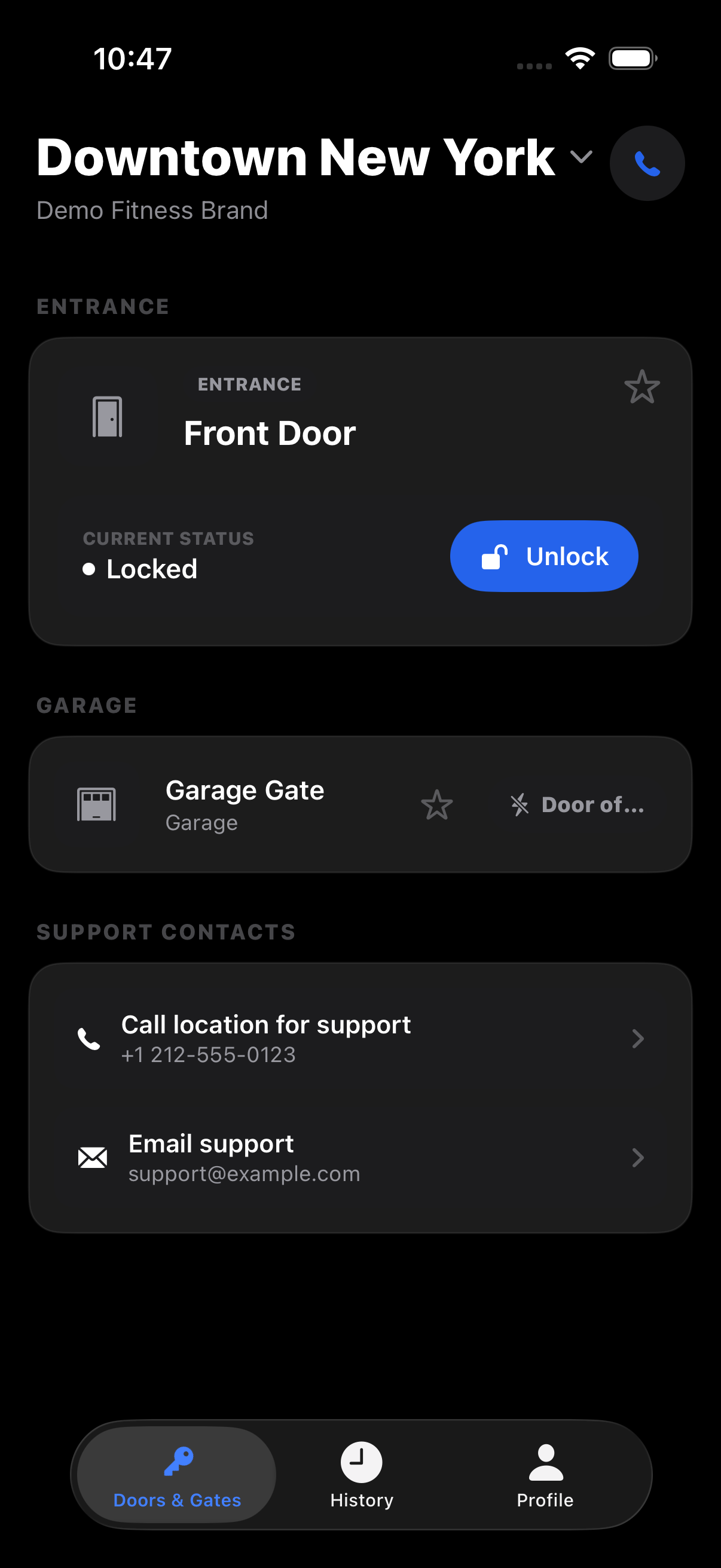 The Doors & Gates dashboard with a primary door card, a second door, and support contacts