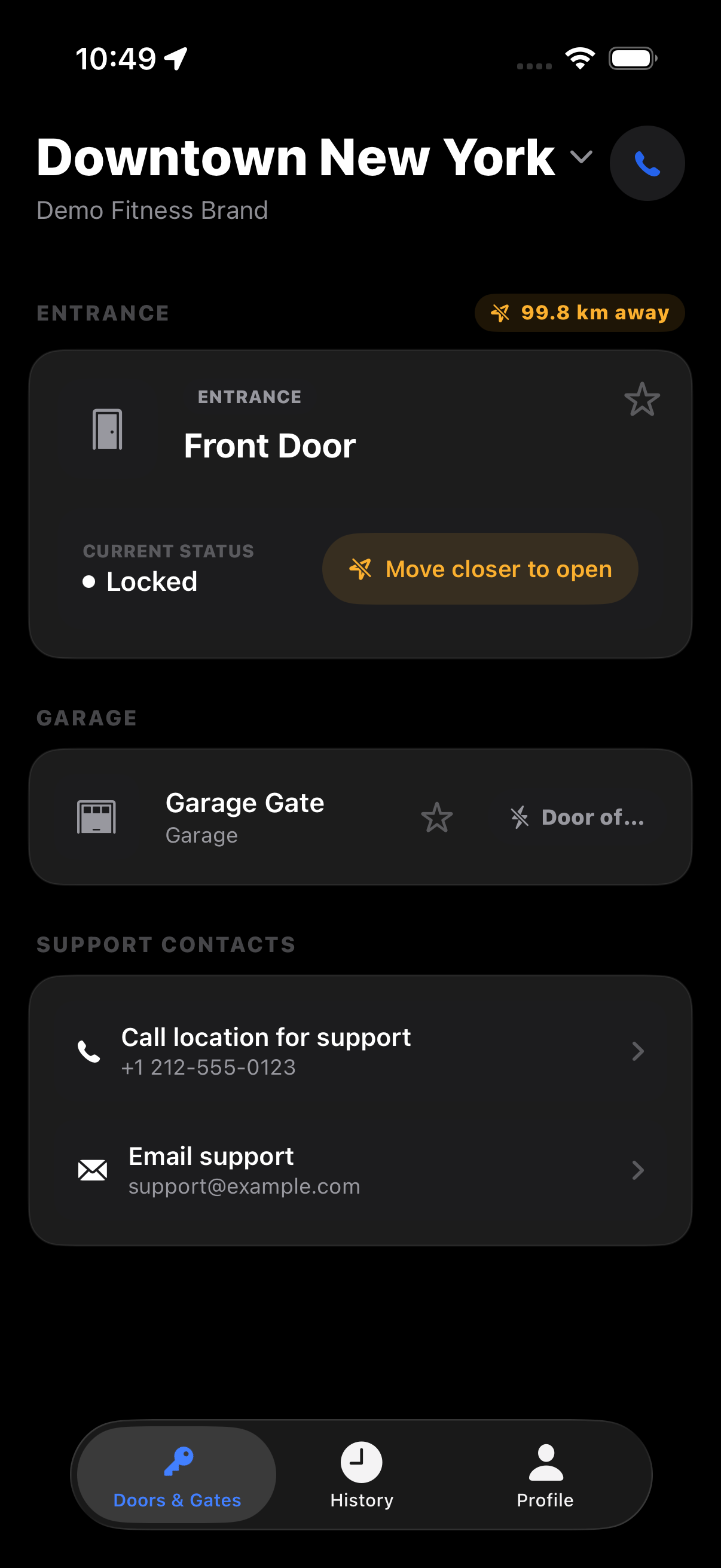 A geofenced door showing Move closer to open with a distance badge