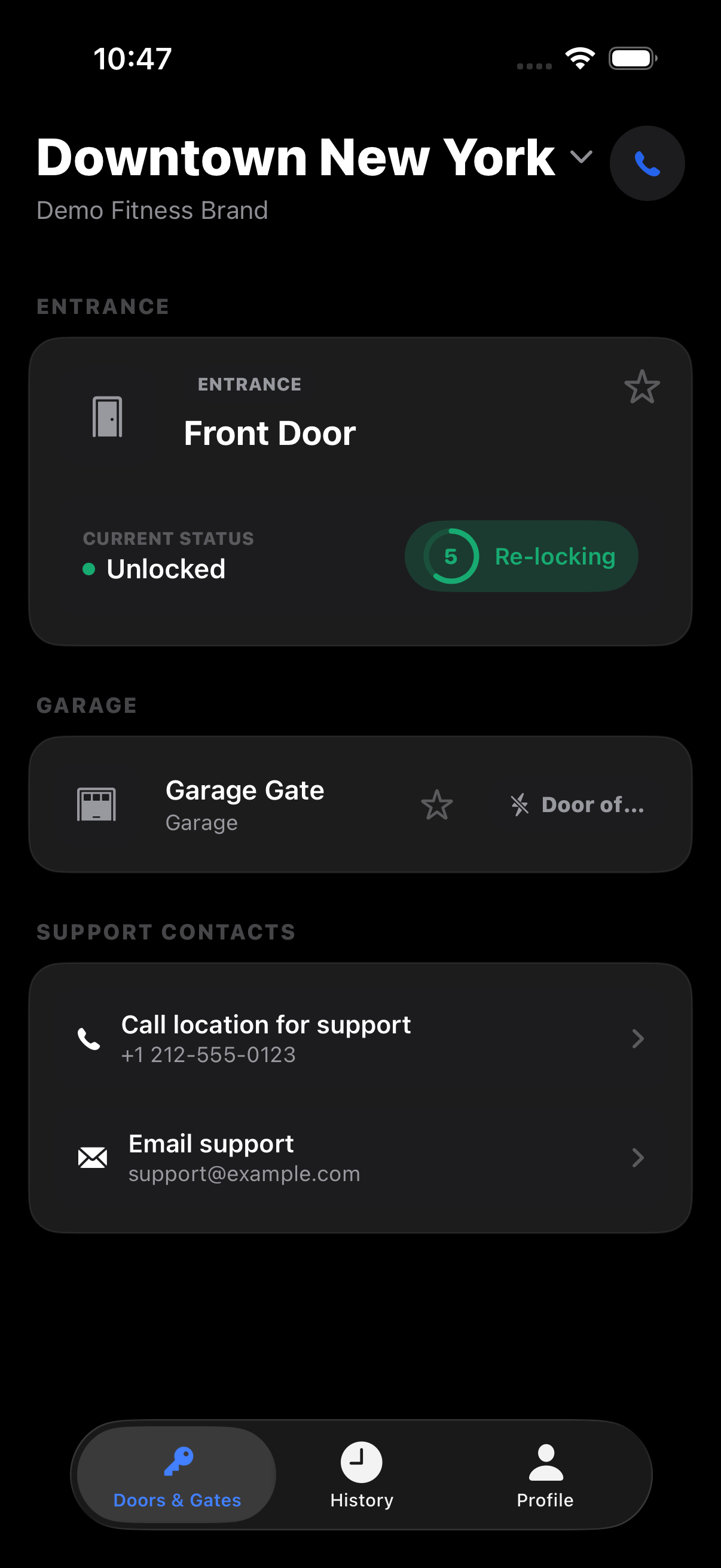 A door showing Unlocked with the Re-locking countdown