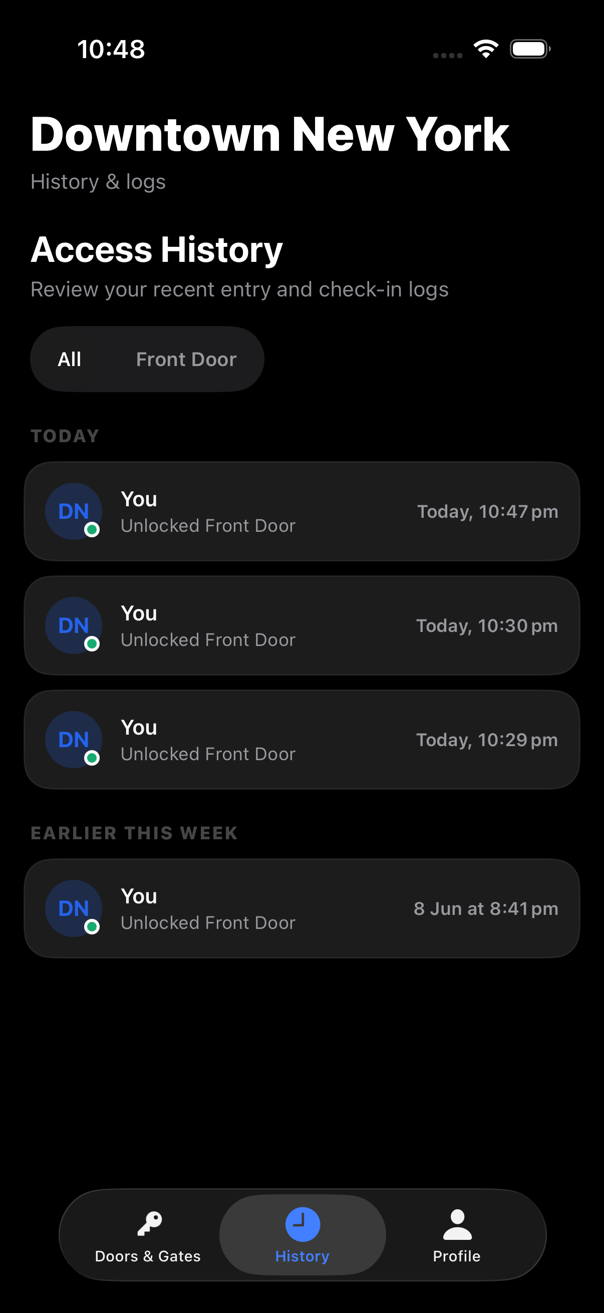 The Access History tab with per-door filter chips and grouped entries