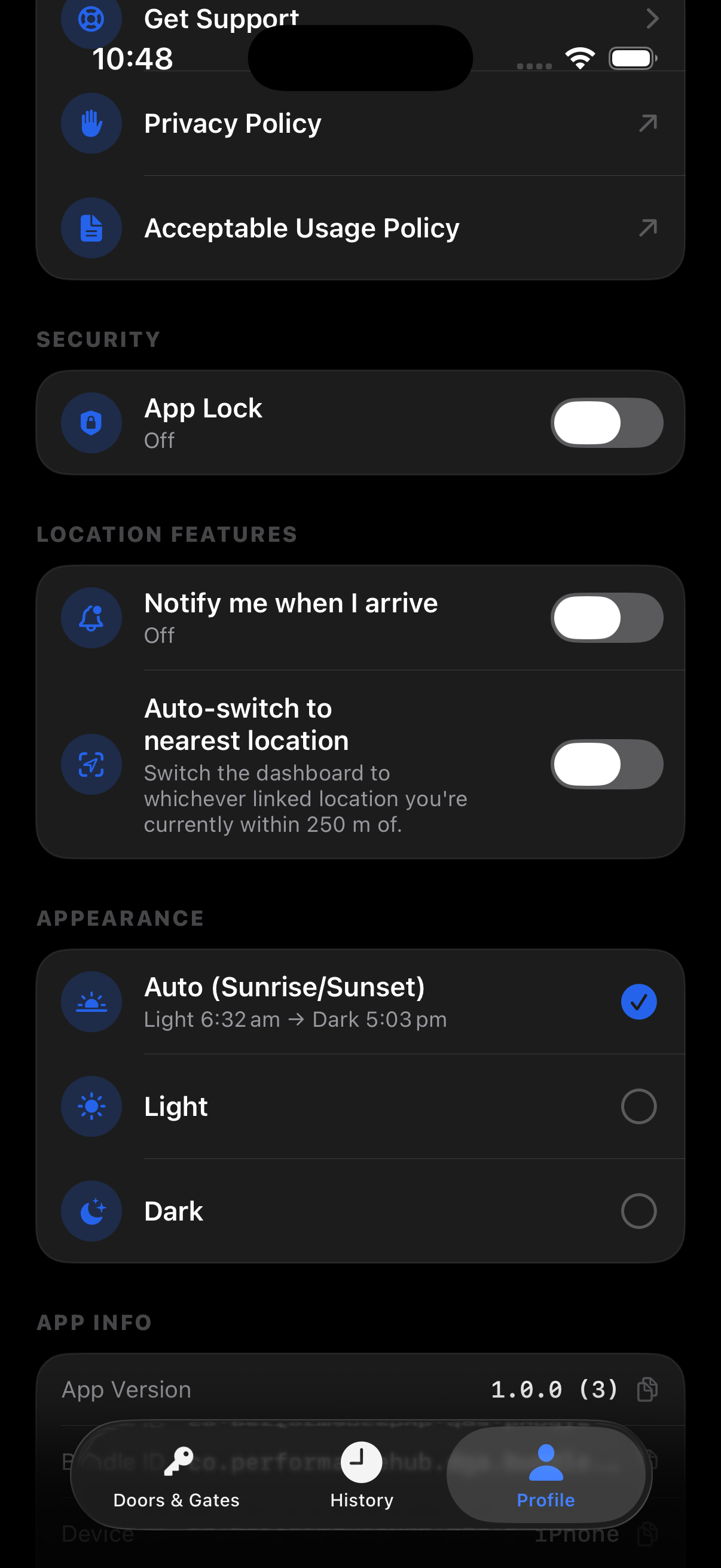 The Profile settings: Security, Location Features, and Appearance sections