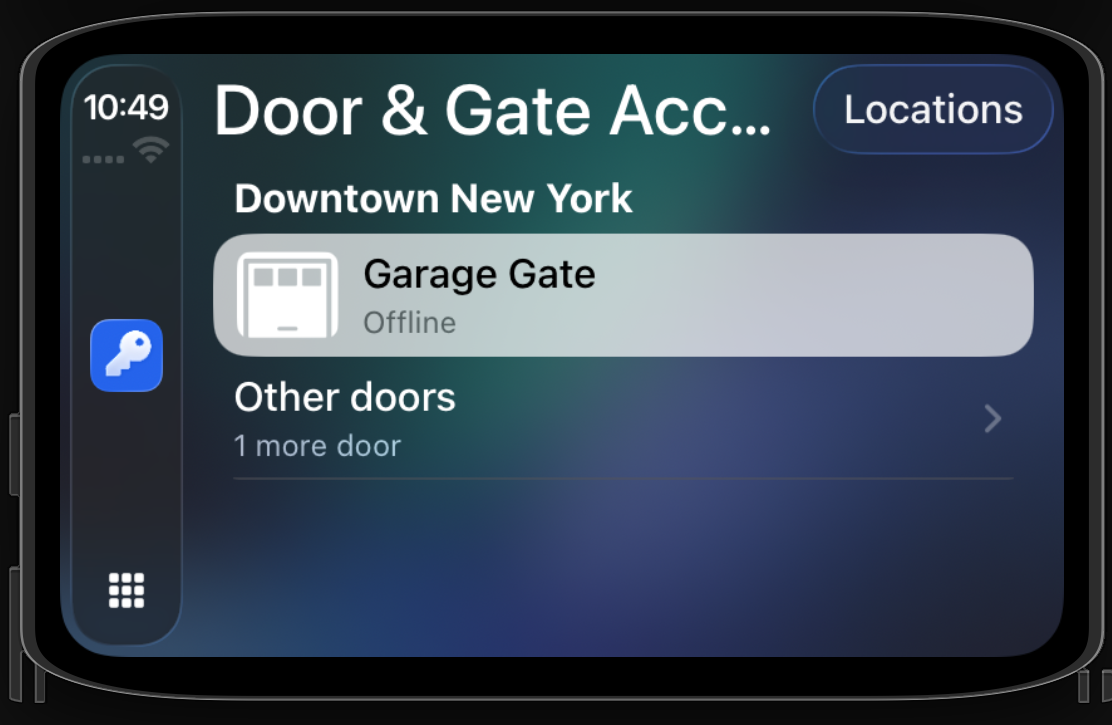 The CarPlay app showing the facility's garage gate and an Other doors entry